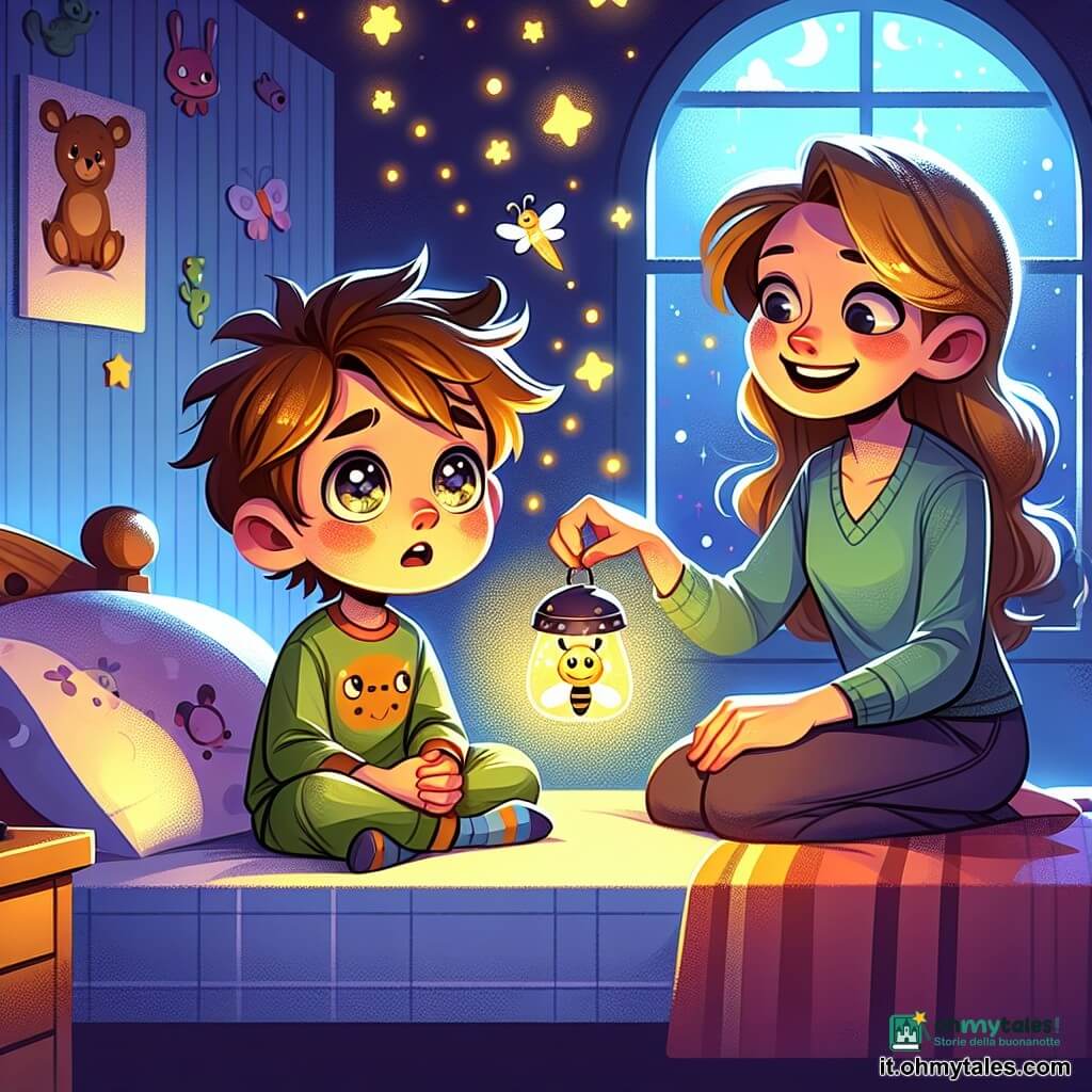 Un ragazzo di 8 anni, con i capelli castani disordinati e occhi pieni di curiosità, è seduto sul suo letto. Il suo viso esprime una leggera preoccupazione, ma anche meraviglia. Tiene in mano una lampada a forma di lucciola, che illumina dolcemente la sua stanza. Accanto a lui, sua madre, una donna sorridente di circa trent'anni con lunghi capelli ondulati, lo incoraggia con uno sguardo caloroso. La stanza è decorata con poster di animali e stelle fosforescenti sul soffitto, creando un'atmosfera dolce e rassicurante. La luce della lampada proietta ombre danzanti sulle pareti, aggiungendo un tocco di magia alla scena. Sebbene leggermente preoccupato, il ragazzo inizia a sentirsi più coraggioso tenendo la sua lampada, pronto ad affrontare la notte. La madre gli parla con tenerezza, creando un momento di connessione tra di loro.