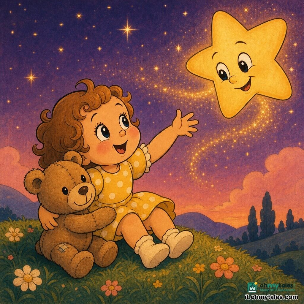 Bambina di 2 anni sorridente e meravigliata, capelli castano chiaro ricci, guance rosate, occhi grandi brillanti, veste un vestitino giallo a pois bianchi e calzini bassi; seduta su una dolce collina erbosa al crepuscolo, guarda il cielo e tende la mano verso una grande stella lucente con volto sorridente e leggere scie dorate che si protende verso di lei; alla sua sinistra un orsacchiotto marrone chiaro, consumato, con sorriso cucito e una zampa sul suo ginocchio; poche fiori semplici, sagome di colline lontane e un cielo sfumato rosa-viola punteggiato di stelline completano un’atmosfera calda, luminosa, poetica e rassicurante.