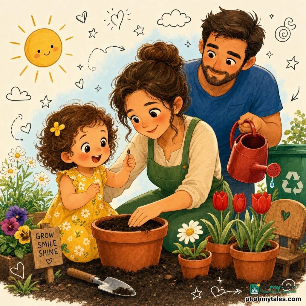 Uma menina de 2 anos, cabelos castanhos encaracolados, vestida com um vestido amarelo florido, segura uma pequena semente entre o polegar e o indicador e a observa sorridente; a mãe (cerca de 30 anos), cabelo preso em coque, pele clara e avental verde, ajoelhada ao lado, orienta sua mão e sorri; o pai (cerca de 32 anos), barba curta e camiseta azul, está atrás com um regador vermelho pronto para molhar. No jardim ensolarado há terra escura, vasos de terracota, flores coloridas e uma pequena cadeira de madeira; a cena mostra mãe e filha plantando a semente enquanto o pai prepara uma gota de água. Cores vivas, texturas visíveis, luz quente de fim de tarde, estilo ilustrativo infantil com traços arredondados e contornos grossos, com pequenos doodles ao redor.