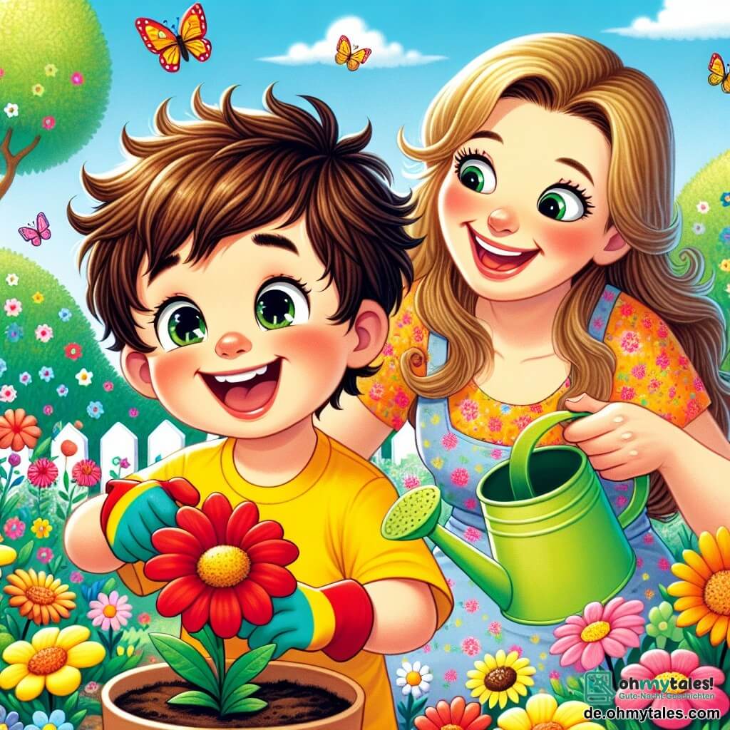 Ein kleiner Junge namens Max, 4 Jahre alt, mit zerzausten braunen Haaren und strahlenden Augen, pflanzt eine rote Blume in einen Blumentopf. Er trägt ein leuchtend gelbes T-Shirt und bunte Gartenhandschuhe, und sein Gesicht zeigt große Aufregung. Neben ihm ermutigt seine lächelnde Mutter, eine Frau in ihren Dreißigern mit langen blonden Haaren, ihn, während sie eine Gießkanne hält. Sie trägt ein leichtes Blumenkleid und beugt sich leicht zu ihm. Der Garten ist voller lebendiger Farben: bunte Blumen, Schmetterlinge, die herumschwirren, und ein hellblauer Himmel mit weißen Wolken. Im Hintergrund sieht man einen großen Baum mit glänzend grünen Blättern. Die Hauptsituation zeigt Max und seine Mutter, die einen schönen Frühlingstag genießen, gemeinsam Blumen pflanzen und lachen, was die Freude und den Neuanfang dieser Jahreszeit symbolisiert.