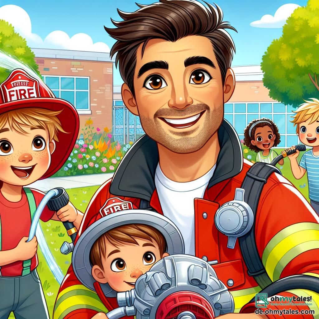 Ein lächelnder Feuerwehrmann namens Max steht im Mittelpunkt des Bildes. Er ist ein etwa dreißigjähriger Mann mit braunen Haaren und einem gut gepflegten Bart. Er trägt einen roten Feuerwehranzug und eine Mütze, während er einen großen Feuerwehrschlauch hält, bereit, den Kindern zu zeigen, wie man ihn benutzt. Sein Gesicht strahlt Freude und Enthusiasmus aus, mit funkelnden Augen voller Stolz. Neben ihm steht ein achtjähriger Junge namens Felix, der einen zu großen Feuerwehrhelm trägt. Er schaut Max bewundernd an und hält einen kleinen Plastikfeuerlöscher, bereit, am Übung teilzunehmen. Etwas weiter entfernt hat ein siebenjähriges Mädchen namens Mia Spaß daran, einen Feuerwehrschlauch aufzurollen, ihre blonden Haare wehen im Wind, und sie lächelt breit. Die Szene spielt auf dem sonnigen Schulhof, umgeben von grünen Bäumen und bunten Blumen. Im Hintergrund lachen und spielen Kinder, während ein großes Schild mit der Aufschrift „Sicherheitswoche“ an einer Wand hängt. Die Hauptsituation zeigt Max, der den Kindern erklärt, wie man einen Feuerwehrschlauch benutzt, mit Lachen und konzentrierten Gesichtsausdrücken, was eine fröhliche und lehrreiche Atmosphäre schafft.