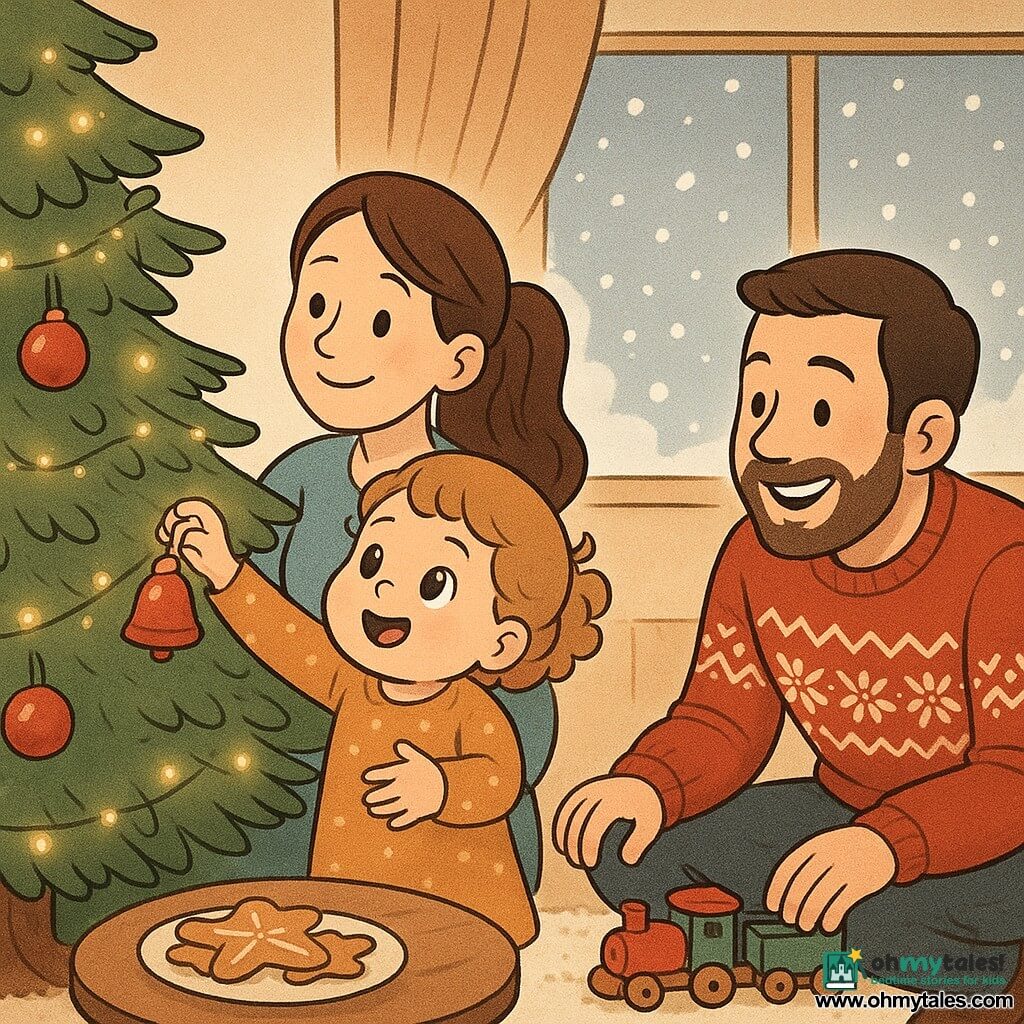 A joyful, intimate scene of a family decorating a Christmas tree: a 2-year-old girl with light brown curly hair and rosy cheeks reaches for a small red bell on a branch while her mother (about 30, long brown hair in a ponytail) holds her and guides her hand to the bell on the left; the father (about 32, short beard, red Christmas sweater) crouches to the right near a wooden toy train circling the tree base, laughing; warm living room with a large green tree decorated with red and gold baubles and twinkling lights, a cream rug, a frosted window with falling snow, and a plate of star-shaped cookies on the coffee table.