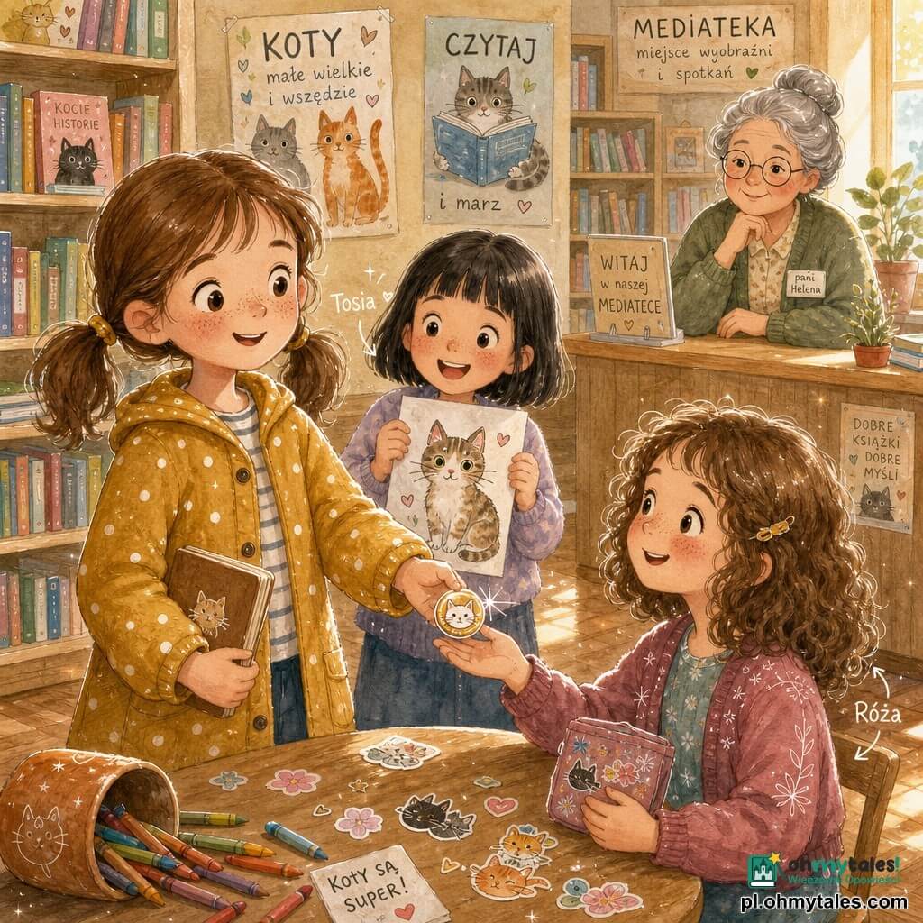 Osiemletnia dziewczynka o kasztanowych włosach w dwóch kucykach, okrągłej twarzy i piegach, dumnie wyciąga błyszczący przypinek z kotkiem; ma żółty, musztardowy płaszcz w kropki i trzyma brązowy notes. Obok, nieco z tyłu i po lewej, siedmiolatka Tosia z czarnym boba włosami uśmiecha się, pokazując rysunek kota; inna ośmioletnia Róża z kręconymi brązowymi włosami rumieni się, biorąc przypinek i trzymając saszetkę z naklejkami, siedzi przy niskim stoliku. Pani Helena, bibliotekarka około 50 lat, z siwymi włosami w koczku i okrągłymi okularami, czuło patrzy z lady w tle. Miejsce: jasna mediateka z niskimi jasnymi półkami, kolorowymi książkami, plakatami kotów na ścianie, przewróconym kubkiem z kredkami i błyszczącą podłogą przez którą pada promień słońca. Scena: wręczenie przypinka-kota — czułe gesty, uśmiechy, kilka naklejek na stole. Styl: pastelowe akwarele, widoczne faktury papieru i białe błyski długopisu żelowego na przypince i świetle.