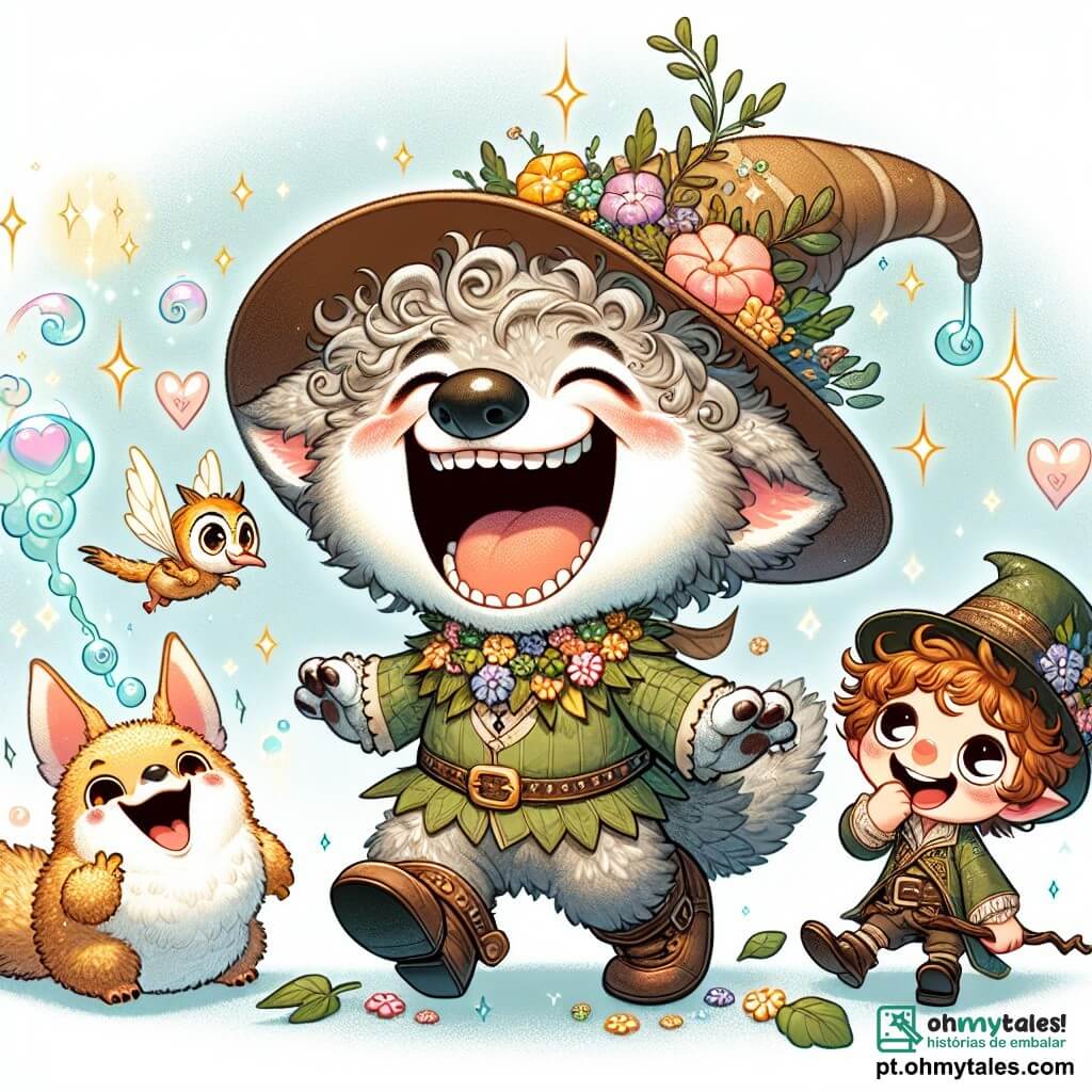 No centro da imagem, um duende alegre chamado Zico, com um corpo de lobo peludo e grandes olhos redondos como os de uma coruja, está rindo alto. Ele usa um chapéu colorido adornado com flores e roupas feitas de folhas e flores, cercado por uma aura de magia cintilante que revela sua felicidade contagiante. À sua direita, Pipoca, um pequeno duende com um chapéu de palha oversized e cabelos cacheados, ri tanto que está com lágrimas nos olhos. Ele veste uma túnica verde e sapatos de couro, inclinado para frente, rindo da piada de Zico. À esquerda, Fumaça, um dragão miniatura com escamas brilhantes e asas translúcidas, está soltando bolhas de fumaça em forma de corações e estrelas, enquanto ri. Seus olhos brilham de travessura e ele parece prestes a voar de alegria. A cena ocorre na Floresta das Risadas, uma floresta encantada onde as árvores têm rostos sorridentes e as flores dançam ao vento. Cores vibrantes iluminam a paisagem, com riachos cintilantes e cogumelos multicoloridos. A situação principal mostra Zico, Pipoca e Fumaça reunidos em torno de um grande painel anunciando o "Concurso de Piadas de Terraluz", todos rindo juntos, compartilhando piadas e criando uma atmosfera de alegria e amizade.