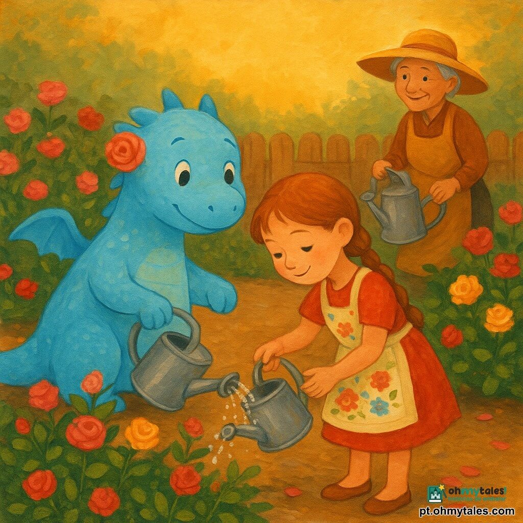 Um pequeno dragão azul-claro, redondo e macio, olhar jovial e sonhador, escamas levemente iridescentes, segurando delicadamente uma rosa atrás da orelha e regando um canteiro de roseiras com um regador de metal brilhante; uma menina chamada Lúcia, cabelo castanho-claro em trança, rosto sorridente e concentrado, com avental floral, ajuda a regar rosas amarelas inclinando-se ao lado esquerdo do dragão; ao fundo, uma jardineira idosa de chapéu de palha sorri, segurando outro regador perto de uma cerca de madeira; cenário: rosaleda com solo marrom úmido, caminhos de cascalho claro, arbustos densos de botões rosas e vermelhos, folhas verdes brilhantes e pétalas caídas; cena de primavera terna, gotas de água cintilantes, luz dourada suave do entardecer, atmosfera pacífica e atenciosa, texturas de gouache visíveis.