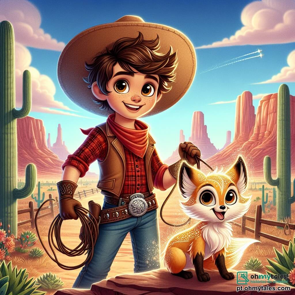 Um jovem cowboy, Lucas, um homem de cerca de 20 anos, com um amplo chapéu de palha, cabelos castanhos bagunçados e um sorriso corajoso, está no centro da imagem. Ele usa uma camisa xadrez vermelha e um colete de couro, segurando um laço na mão direita, pronto para agir. Seus olhos brilham de excitação e determinação. Ao seu lado, a Raposa Dourada, uma pequena criatura mágica com pelagem dourada brilhante e olhos travessos, observa Lucas com admiração, empoleirada em uma pedra, pronta para ajudá-lo em sua aventura. Ao fundo, a paisagem do Velho Oeste se estende com montanhas majestosas, cactos sob um céu azul radiante e um oásis cintilante ao longe, cercado por palmeiras verdes. A cena representa Lucas e a Raposa Dourada preparando um plano audacioso para defender o oásis contra uma gangue de bandidos, com respingos de água e risadas ao fundo, ilustrando o espírito de aventura e camaradagem.
