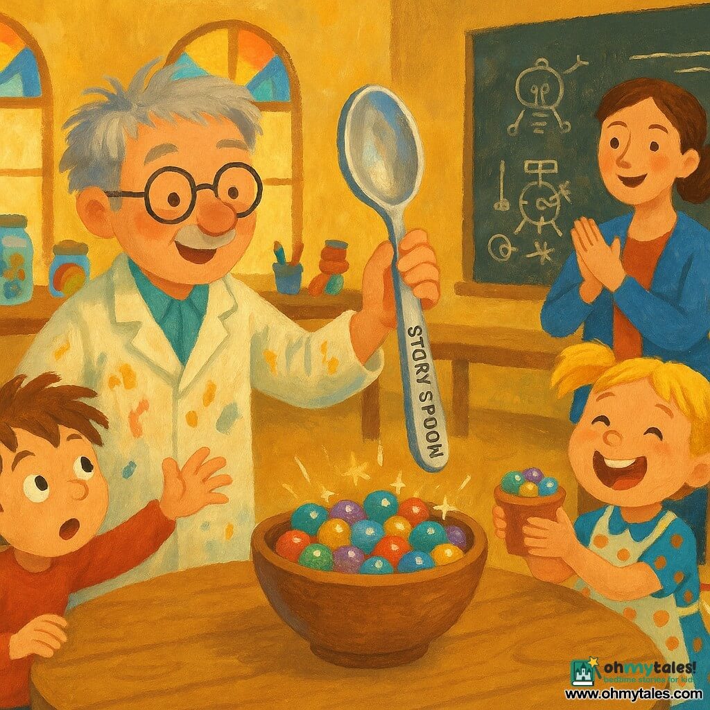 A smiling, awestruck inventor with round glasses and messy light-gray hair wears a cream paint-stained coat and gently waves a shiny "Story Spoon" while an about-8-year-old brown-haired boy reaches for it with curiosity to his left, a laughing 7-year-old blonde girl in braids and a polka-dot apron holds a jar of colorful marbles by a sparkling bowl to the right, and a 40-year-old female teacher with tied chestnut hair stands behind the table applauding; the scene takes place in a warm, colorful workshop with stained-glass windows, long wooden tables cluttered with jars, gears, ribbons and paint, and a blackboard of project sketches, capturing a joyful moment as children gather around the talking spoon and shimmering marbles.