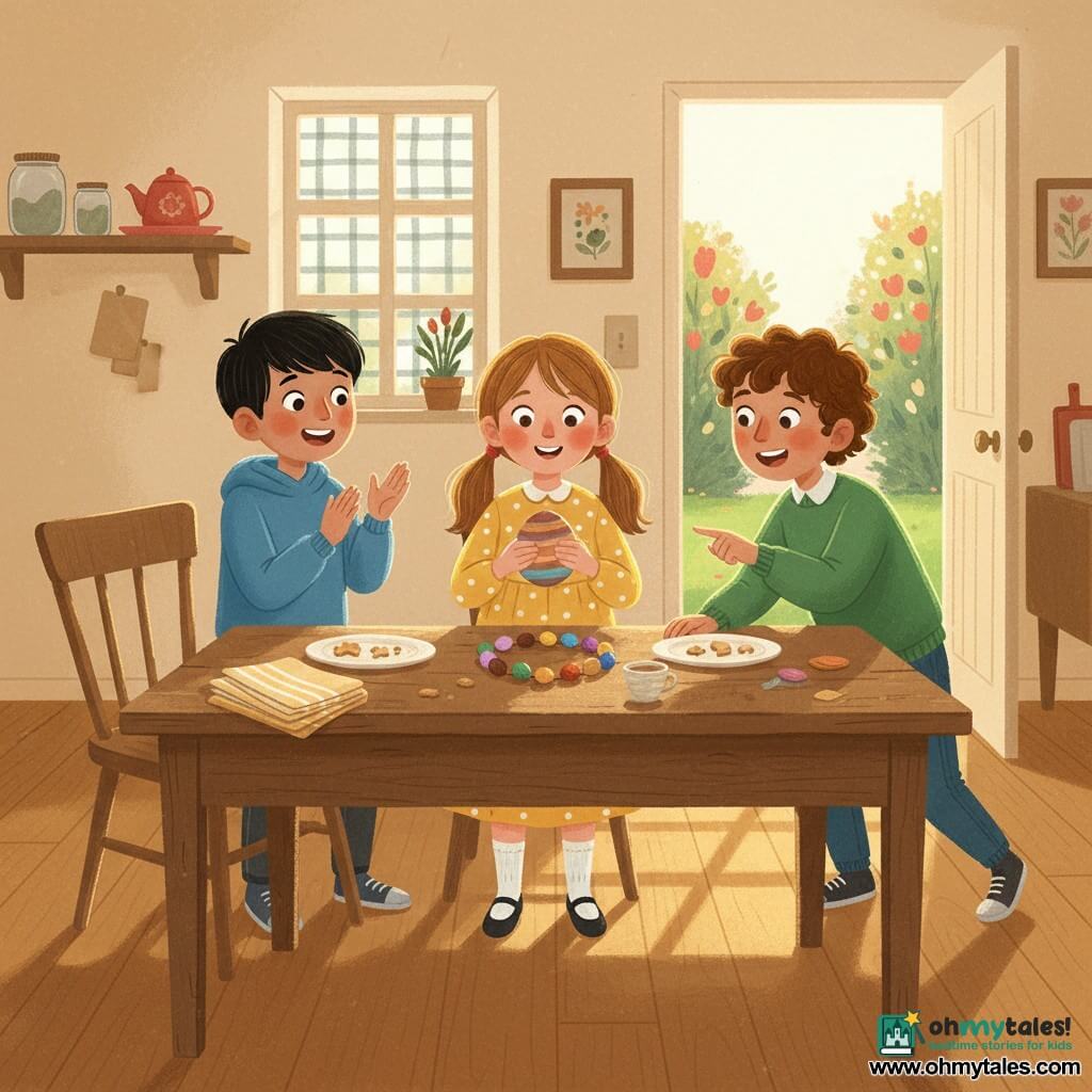 Three children gathered around a wooden kitchen table: Mina, about 10, light brown hair in two braids, wearing a yellow polka-dot dress, holds a painted wooden egg like a small planet at the center with an amazed look; Tomas, about 10, short black hair, blue sweatshirt, stands left of Mina, applauding with a big smile and one hand on a chair back; Arlo, about 10, curly brown hair, green sweater, stands right of Mina, leaning forward excitedly pointing at the egg. The warm cream-walled kitchen has morning sunlight through a paned window casting golden bands on the wooden floor; the table holds stacked folded napkins, plates with a few bunny-cookie crumbs and colorful chocolate eggs arranged in a ring around the wooden egg. In the background an open shelf with glass jars, a red teapot, and a partly open door showing a flowered garden. The scene is collective wonder, gentle gestures and happy expressions, painted in gouache with warm colors, visible brush textures, strong light contrasts and soft shadows under the table.