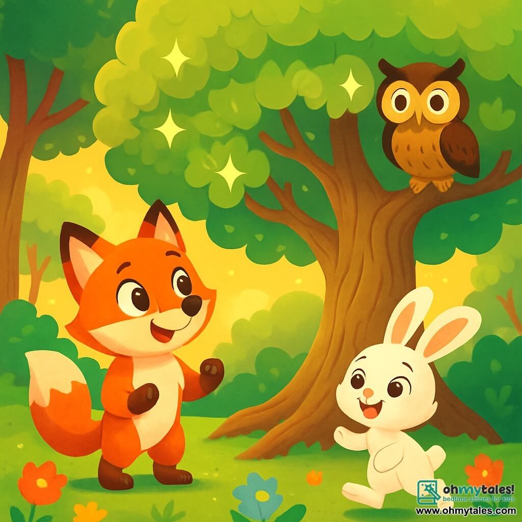 A bright red fox with sparkling curious eyes stands in the center, gazing in wonder at a majestic oak tree with vibrant green leaves. Next to it, a small rabbit with big ears and soft white fur hops joyfully, its expression full of excitement. A wise owl perched on a branch observes the scene with round, piercing eyes, ready to offer advice. The setting is an enchanted forest, bathed in golden light, with gnarled trees and colorful flowers scattered on the ground. The main scene shows the fox and the rabbit, determined and hopeful, preparing to bring magical water to the tree to save it, surrounded by an atmosphere of magic and adventure.