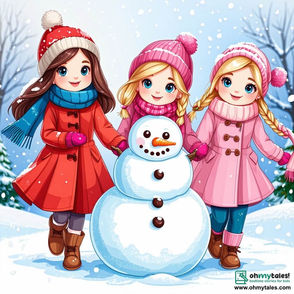 Three girls, Lily, Mia, and Sophie, are at the center of the image. Lily, 8 years old, has long brown hair and wears a bright red coat with a blue scarf. She is rolling a large snowman. Next to her, Mia, also 8, has braided blonde hair and wears a pink coat with a matching hat. She smiles while holding a carrot for the snowman's nose. Finally, Sophie, 7, has brown hair and wears a purple coat with green gloves. She is gathering branches for the snowman's arms. The scene is set in a magical winter park, with snow-covered trees and a clear blue sky. The ground is covered in thick snow, and in the distance, there is a small hill perfect for sledding. The main scene shows the three friends building a snowman, laughing and having fun together in a joyful winter atmosphere.