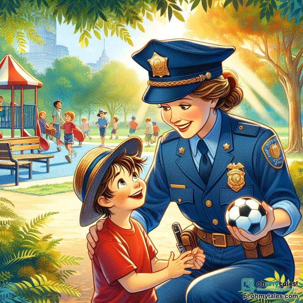 Uśmiechnięta policjantka, Pani Ania, znajduje się w centrum obrazu. Ma na sobie granatowy mundur z paskiem i czapkę ozdobioną błyszczącą gwiazdą. Jej oczy błyszczą determinacją i życzliwością, gdy pomaga małemu chłopcu, Kamilowi, który ma około 7 lat. Kamil ma potargane brązowe włosy i nosi czerwoną koszulkę oraz niebieskie szorty. Patrzy na Panią Anię z podziwem, trzymając w rękach małą piłkę nożną. W tle widać zielony park z liściastymi drzewami, drewnianymi ławkami i kolorowym placem zabaw. Dzieci radośnie bawią się na huśtawkach i zjeżdżalniach. Scena rozgrywa się, gdy Pani Ania i Kamil wspólnie szukają zgubionej piłki nożnej, otoczeni atmosferą towarzyskości i przygody. Promienie słońca przenikają przez liście, tworząc ciepłą i przyjazną atmosferę.