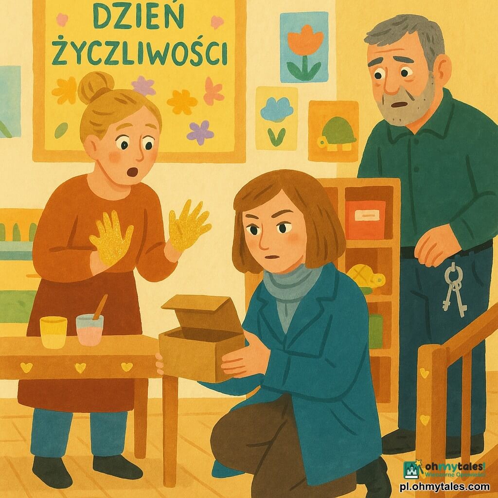 Kobieta-detektyw o łagodnej, skupionej twarzy, lekko zmarszczonych brwiach i żywych oczach, z jasnobrązowymi włosami do linii żuchwy, w lekkim petrolowym płaszczu i szarej szalce, klęczy trzymając w dłoniach małe otwarte pudełko z naklejkami, z uwagą i spokojem; obok stoi nauczycielka plastyki około 30 lat, blond włosy upięte w kok, dłonie pokryte złotymi brokatem, zaskoczona; strażnik około 40 lat z kluczami przy pasie i siwymi włosami, z rogiem szalika wystającym z kieszeni, patrzy na pudełko z ulgą; scena w jasnej szkolnej sali zabaw z drewnianymi półkami pełnymi oznakowanych pudełek, kolorowymi plakatami na ścianie („Dzień Życzliwości”), jasną podłogą i złotymi oraz sercowymi naklejkami rozsypanymi po stole i poręczy schodów; główna sytuacja: detektyw znalazła schowane pudełko naklejek, postacie zgromadzone wokół z wyrazami ulgi i zaskoczenia, ciepła i uporządkowana atmosfera po odkryciu; paleta: ciepłe pastelowe kolory z błyszczącymi złotymi akcentami na naklejkach i widocznymi pociągnięciami pędzla typowymi dla gwaszu.