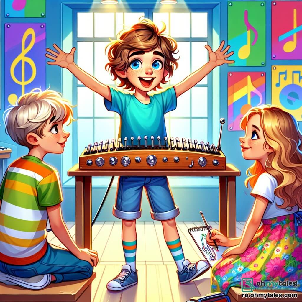 Un băiat de 12 ani, Andrei, cu părul brun și ochi strălucitori de curiozitate, stă în fața unui theremin, cu brațele ridicate entuziast, un zâmbet mare iluminându-i fața. Poartă un tricou albastru și o pereche de pantaloni scurți din denim, iar expresia lui este de bucurie și uimire. Lângă el, Mara, o fată de 11 ani cu părul lung și ondulat, îmbrăcată într-o rochie cu flori colorate, îl observă cu admirație, cu mâinile pe șolduri. Radu, un băiat de 12 ani cu ochelari rotunzi și părul blond, stă pe o bancă, cu un carnet de schițe pe genunchi, schițând note muzicale și forme inspirate de melodie. Scena are loc într-o sală de muzică luminoasă, cu pereții decorați cu postere colorate de note muzicale și instrumente variate, iar razele de soare pătrund prin feronerie, iluminând spațiul. În centrul atenției, thereminul emite unde sonore vizibile sub formă de linii colorate în aer, creând o atmosferă magică și dinamică. Andrei, captivat de muzică, explorează sunetele mișcându-și mâinile, în timp ce prietenii săi îl încurajează, creând un moment de prietenie și descoperire.