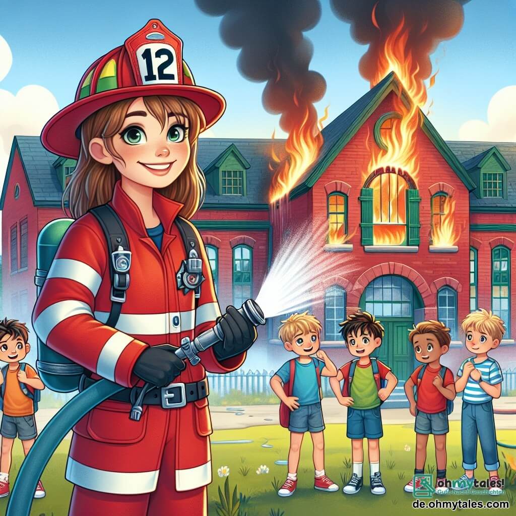 Im Mittelpunkt des Bildes steht eine Feuerwehrfrau namens Anna, die mit einem herzlichen Lächeln in einer leuchtend roten Uniform und einer Feuerwehrmütze gekleidet ist. Ihre braunen Haare sind zu einem Pferdeschwanz gebunden, und sie hält einen großen Feuerwehrschlauch, um mit Entschlossenheit ein kleines Feuer zu löschen. Rechts von ihr steht ein etwa 8-jähriger Junge namens Tim mit zerzausten blonden Haaren und einem bewundernden Gesichtsausdruck. Er hält einen kleinen Schlauch und versucht, ihr beim Löschen des Feuers zu helfen. Er trägt ein blaues T-Shirt und Shorts und steht auf Zehenspitzen, um Anna bewundernd anzusehen. Links steht ein 7-jähriges Mädchen namens Lisa mit braunen Haaren und einer Brille, das die Szene mit großen Augen beobachtet. Sie trägt ein rosa Kleid und hält einen kleinen Eimer Wasser, bereit zu helfen. Die Szene spielt vor einer alten Schule mit roten Backsteinmauern und grünen Fensterläden. Rauch steigt von einem kleinen Feuer auf dem Boden auf, während neugierige Kinder abseits stehen und mit aufgeregten und besorgten Gesichtsausdrücken beobachten. Die Hauptsituation zeigt Anna, die Feuerwehrfrau, die mit Hilfe der Kinder ein kleines Feuer bekämpft und eine Atmosphäre von Kameradschaft und Mut schafft, in der jeder sein Bestes gibt, um zu helfen.