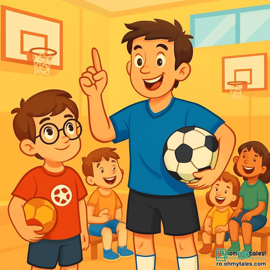 Un bărbat, Alex, este în centrul imaginii, zâmbind cu ochii strălucind de entuziasm. Poartă un tricou de fotbal albastru aprins, cu șort negru și adidași albi. Părul său brun este ușor dezordonat, iar el ține o minge de fotbal într-o mână, pregătit să împărtășească povestea sa. Lângă el, un băiat pe nume Vlad, de aproximativ 8 ani, se uită cu admirație. Are părul castaniu, ochelari rotunzi și poartă un tricou roșu cu un logo de fotbal. Ține o minge mică sub braț și pare nerăbdător să învețe. În fundal, o sală de sport luminoasă cu pereți vopsiți în galben și panouri de baschet. Copiii așezați pe bănci din lemn, toți captivați de ceea ce spune Alex, adaugă viață scenei. Situația principală îl arată pe Alex povestind anecdote amuzante despre viața sa de fotbalist, în timp ce copiii râd și ascultă cu atenție, creând o atmosferă veselă și inspiratoare.