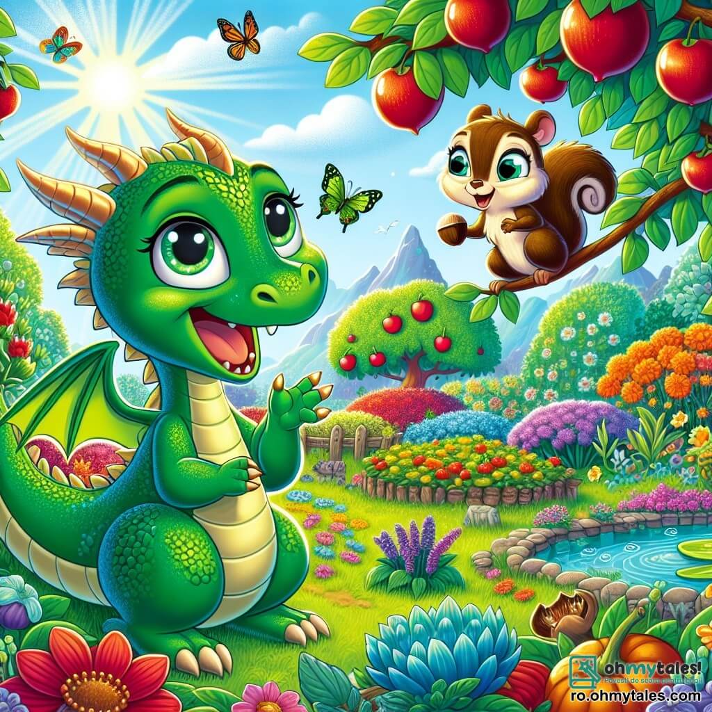 Finzi, o mică dragon verde cu solzi strălucitori și aripi sclipitoare, este plină de curiozitate și entuziasm. Se află în mijlocul unei grădini minunate, înconjurată de flori strălucitoare și legume colorate, cu un zâmbet mare pe față. Aproape, Zuri, o veveriță cu blană brună aurie și ochi strălucitori, se cațără agil pe un măr, ținând o alună în lăbuțele sale mici. Ea pare veselă și jucăușă, observând-o pe Finzi cu un privire complice. Peisajul este o grădină luxuriantă, cu pomi fructiferi plini de mere roșii și pere suculente, un mic iaz cu ape cristaline unde înoată broaște verzi, și fluturi multicolori care zboară în aer. Situația principală arată cum Finzi și Zuri discută despre cum pot colabora pentru a proteja grădina, înconjurate de frumusețea naturii, cu raze de soare filtrând prin frunze.