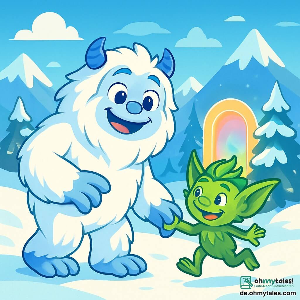 Ein freundlicher Yeti namens Lumo, mit weichem, schneeweißem Fell, steht in der Mitte des Bildes und lächelt mit strahlenden, neugierigen Augen. Er streckt die Hand nach einem kleinen grünen Kobold namens Flix aus, der ein schelmisches Gesicht und große, spitze Ohren hat. Flix, mit zerzaustem Fell und kleinem Körper, springt fröhlich neben Lumo, seine Augen funkeln vor Schalk. Im Hintergrund erstreckt sich eine wunderschöne Landschaft mit schneebedeckten Bergen, glitzernden Tannen und einem hellblauen Himmel, der mit sanften Wolken gesprenkelt ist. In der Ferne strahlt eine leuchtende, durchsichtige Tür in bunten Farben und zieht die Aufmerksamkeit der Charaktere auf sich. Die Szene zeigt Lumo und Flix, die bereit sind, gemeinsam die geheimnisvolle Tür zu erkunden, und verdeutlicht ihre Freundschaft und Abenteuerlust in einer fantastischen Welt.