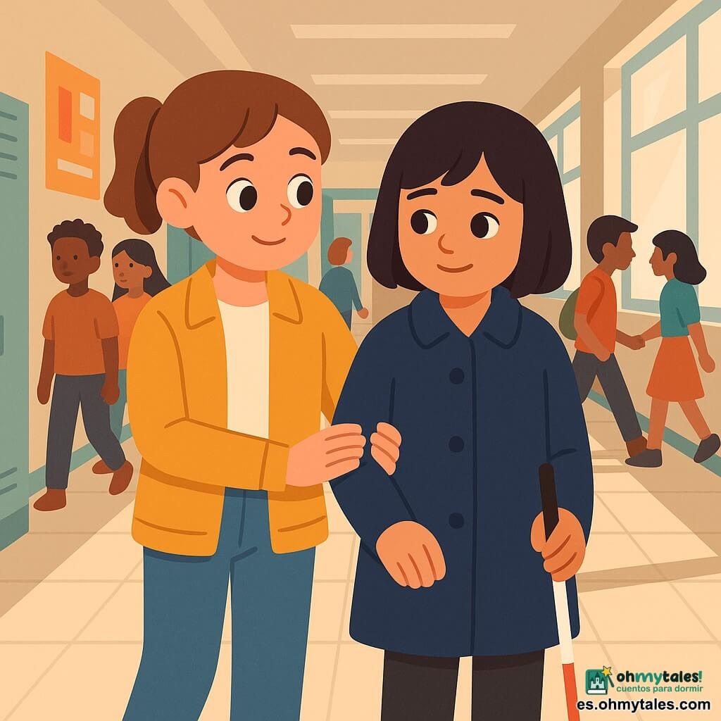 Inés, niña de 12 años, rostro expresivo y tierno, sonrisa calmada, pelo castaño en una pequeña coleta, con chaqueta mostaza y vaqueros, camina sujetando el brazo de Sara; Sara, también de unos 12 años, expresión tímida pero aliviada, pelo negro a la altura de la mandíbula, abrigo azul marino, sostiene un bastón blanco en la mano derecha y sigue a Inés ligeramente a su izquierda. En el fondo, siluetas simplificadas de alumnos (11–13 años), algunos mirando y otros apresurados; dos alumnos conversan difuminados para sugerir movimiento. Pasillo escolar con suelo de baldosas claras, taquillas en verde pálido y azul, carteles en las paredes, luz suave desde grandes ventanas a la derecha y perspectiva lineal que guía la vista. Escena centrada que muestra a Inés acompañando a Sara con un gesto protector y natural, ambiente cálido y reconfortante, colores vivos pero suaves, contornos nítidos y formas sencillas que expresan solidaridad e inclusión.