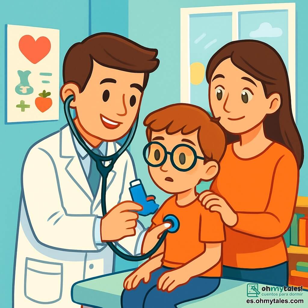 Un hombre, el doctor Mateo, está examinando a un niño, Samuel, en su consultorio médico. Mateo tiene el cabello castaño, lleva una bata blanca impecable y una sonrisa tranquilizadora. Sus ojos brillan de empatía mientras escucha el corazón de Samuel con un estetoscopio. Samuel, un niño de ocho años, tiene el cabello castaño y gafas redondas. Está sentado en la mesa de examen, un poco inquieto pero aliviado, mientras su madre, una mujer de unos treinta años con cabello largo y castaño, se encuentra a su lado, mirándolo con ternura. El consultorio es luminoso, con paredes pintadas de azul claro y carteles coloridos sobre la salud infantil. Una estantería está llena de juguetes y libros, y una ventana deja entrar la luz del sol, iluminando la escena. La situación principal muestra al doctor Mateo tranquilizando a Samuel, explicándole calmadamente cómo usar un inhalador, mientras la madre escucha atentamente, aliviada de ver a su hijo sentirse mejor.