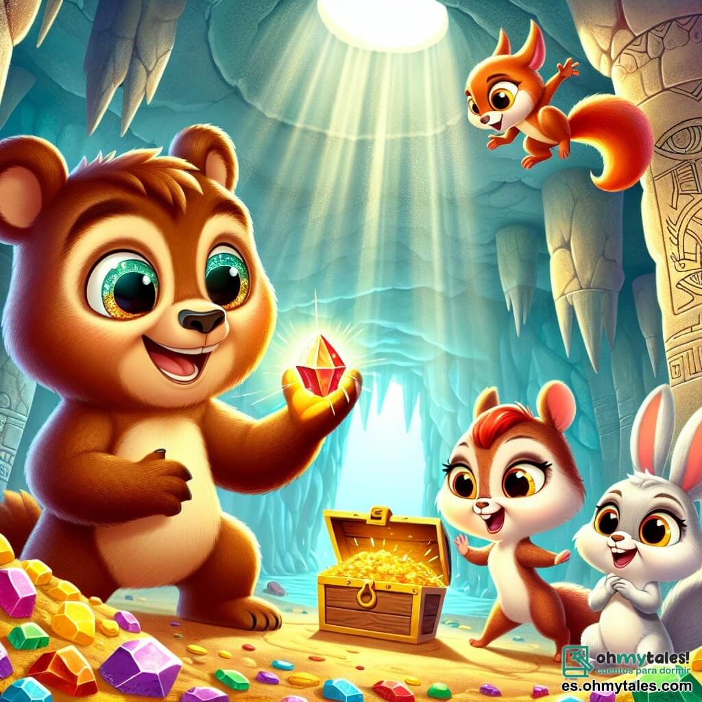 En el centro de la imagen, Beto, un oso marrón con ojos brillantes y una amplia sonrisa, sostiene una pequeña piedra brillante en sus patas delanteras, mostrando una expresión de curiosidad y emoción. A su derecha, Sofía, una pequeña ardilla de pelo rojizo y ojos vivos, salta de alegría, con sus patitas levantadas, mientras mira el tesoro con asombro. A la izquierda, Tito, un conejo blanco de grandes orejas, está agachado, sosteniendo un trozo de papel con un dibujo de un mapa, con una expresión concentrada y decidida. El escenario se ubica dentro de una cueva misteriosa, con paredes adornadas con dibujos antiguos y estalactitas brillando como diamantes sobre ellos. Rayos de luz filtran a través de las grietas, iluminando el suelo cubierto de piedras de colores. La situación principal muestra a Beto y sus amigos descubriendo un pequeño cofre de madera, rodeado de piedras preciosas, mientras se dan cuenta de que el verdadero tesoro es su amistad y las aventuras que comparten juntos.