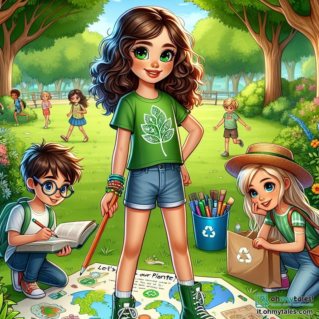Una ragazza di 12 anni, Emma, si trova al centro dell'immagine, con capelli ricci castani e occhi scintillanti di determinazione. Indossa una maglietta verde con un motivo a foglia e un pantaloncino di jeans, mentre tiene un grande cartello colorato con scritto "Proteggiamo il nostro pianeta!" Il suo sorriso radioso mostra il suo entusiasmo per l'ecologia. Alla sua destra, Marco, un ragazzo di 11 anni con capelli biondi e occhiali rotondi, sta disegnando un piano del loro progetto su un quaderno, apparendo concentrato ed entusiasta. Alla sua sinistra, Sara, una ragazza di 12 anni con capelli lunghi e lisci, indossa un cappello di paglia e tiene un sacco per il riciclo, guardando Emma con ammirazione. Il luogo è un parco verde, pieno di alberi maestosi e fiori colorati, con bambini che giocano in lontananza e uccelli che cantano. La scena principale mostra Emma e i suoi amici mentre preparano una giornata di pulizia del parco, circondati da sacchi della spazzatura e materiale per il riciclo, determinati a rendere il loro quartiere più pulito e a sensibilizzare gli altri sull'importanza dell'ecologia.