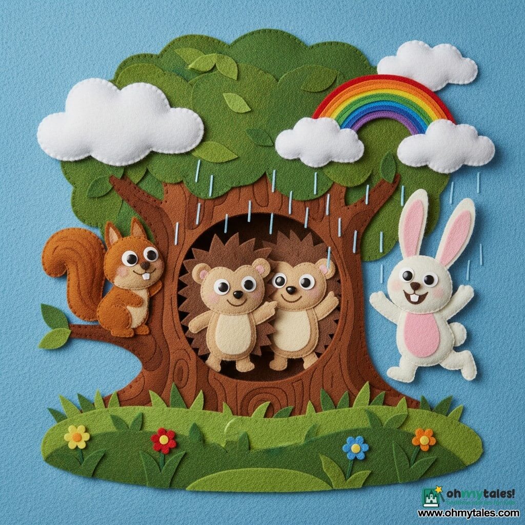 A brave, smiling hedgehog with round bright eyes and light brown-and-cream felt quills holds one paw up as if pointing the way; Sally the squirrel, with russet felt fur, perches on a left branch looking fondly at him; Benny the rabbit, with long white felt ears and a pink belly, jumps joyfully to the right with paws in the air and a wide smile; they are under a large round tree with a cozy hollow, brown felt bark, layered green grass and small appliqué flowers, beneath a soft sky with cotton clouds and a simple post-rain rainbow; the three friends are gathered in the hollow sheltered from the rain, sharing a warm, reassuring atmosphere with visible companionship, warm colors and simple contrasts suited for toddlers.