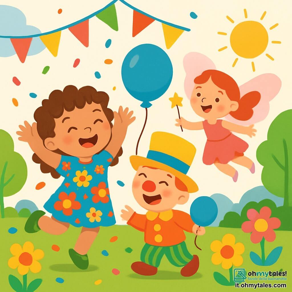 Una bambina di 2 anni, Lila, con capelli ricci e un grande sorriso, indossa un vestito colorato a fiori. Sta saltando di gioia, circondata da coriandoli multicolori. Accanto a lei, un bambino di 3 anni, un clown con un naso rosso e un grande cappello, ride tenendo un pallone blu. Più in là, una piccola fata con ali rosa scintillanti e una bacchetta magica brilla al sole, sorridendo e alzando le braccia. La scena si svolge in un parco vibrante, pieno di fiori di carta e festoni colorati, con un cielo blu e soleggiato che crea un'atmosfera festosa. Lila, il clown e la fata stanno celebrando il carnevale, cercando un tesoro nascosto mentre si divertono e ballano tra colori vivaci.