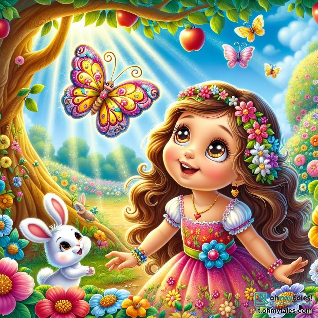 Una ragazza di 8 anni, Sofia, con lunghi capelli ricci e occhi pieni di curiosità, si trova al centro di un giardino incantato. Indossa un vestito colorato decorato con fiori e sorride, piena di meraviglia, mentre guarda un magnifico albero di mele scintillanti. Accanto a lei, una piccola farfalla colorata, con ali dai motivi vivaci, vola gioiosamente intorno, incoraggiandola con un'espressione amichevole. Un coniglietto bianco, dalle grandi orecchie, si nasconde dietro un cespuglio fiorito, osservando Sofia con occhi tondi e curiosi, pronto a seguirla nelle sue avventure. Il giardino è un luogo magico, pieno di fiori dai colori vivaci, tronchi d'albero dorati e un arcobaleno brillante che si estende nel cielo azzurro. I raggi di sole filtrano tra le foglie, creando un'atmosfera calda e accogliente. Sofia, meravigliata, si prepara a raccogliere una mela magica, simbolo della sua avventura imminente, mentre si prepara ad affrontare le sfide che il giardino le riserva.