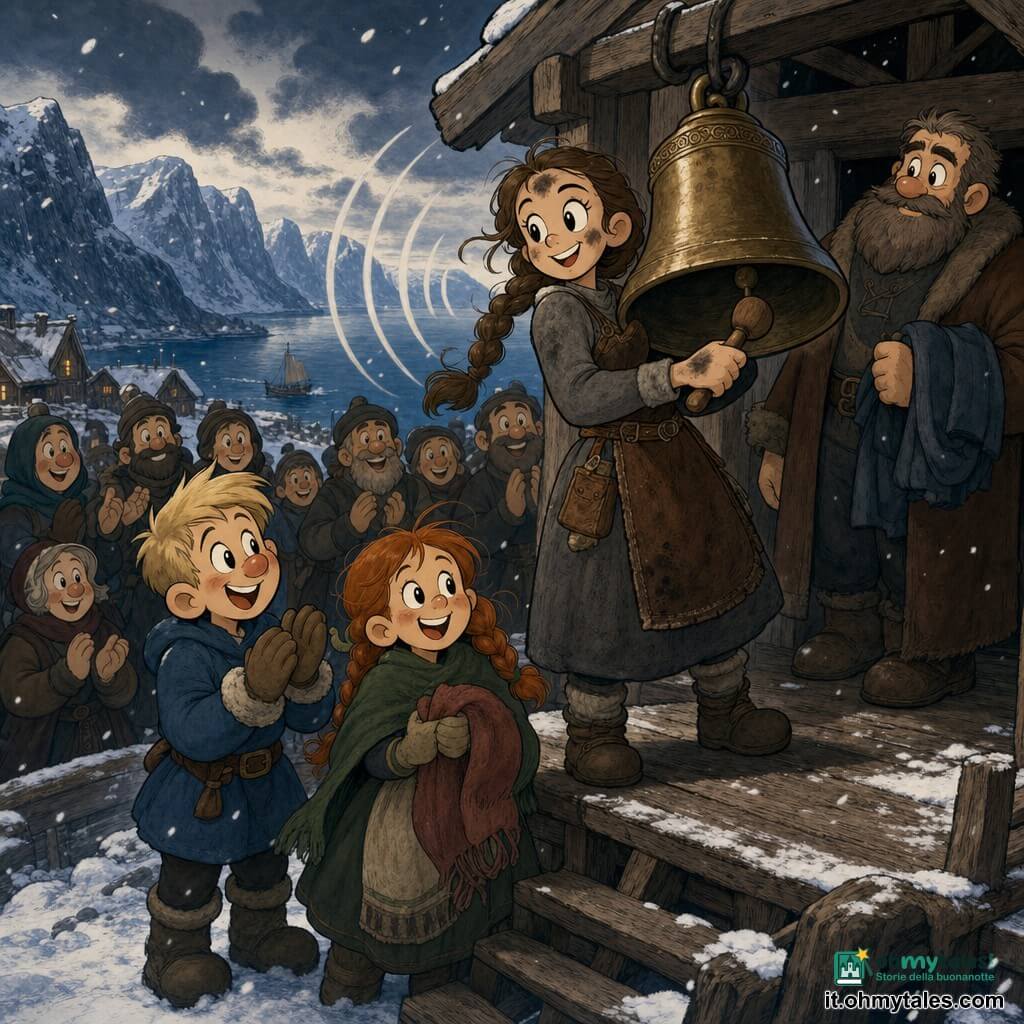 Sigrid, donna dal viso determinato e sorridente, mani e fronte segnate da fuliggine, capelli castani intrecciati, veste in lana grigia e grembiule di cuoio, tiene contro il petto la pesante campana di bronzo appena riparata e la tocca leggermente con un martelletto; Einar, ragazzo di circa 11 anni dal naso arrossato dal freddo e capelli biondi corti, applaude eccitato ai piedi della piccola pedana, Freya, bambina di circa 10 anni con treccia rossa e scialle verde, sorride tenendo una larga sciarpa accanto a Einar; Bjorn, uomo di circa 50 anni, barbuto con spalle larghe e cappotto scuro, osserva con mezzo sorriso appoggiato vicino al portico della bottega; scena in una piccola scuola di legno su una collina con tavole ruvide e neve sottile a terra, vista su un fiordo e montagne, palette fredda di blu e grigio con tocchi ocra e bronzo; momento subito dopo la riparazione: la campana suona una nota chiara visibile in onde disegnate, villaggio riunito, espressioni di gioia e sollievo, leggero vento che muove ciocche e fiocchi, atmosfera di comunità ritrovata.