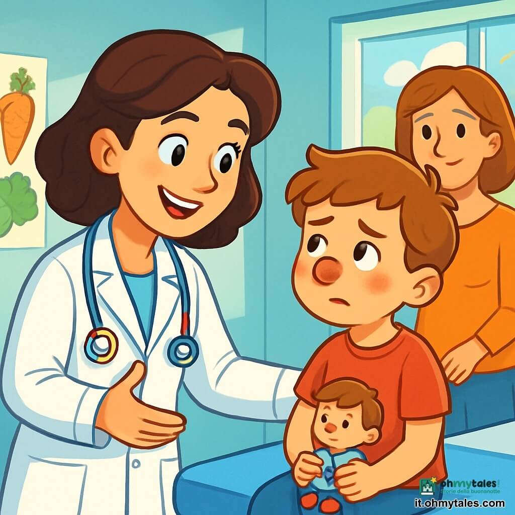 La dottoressa Marta, una donna sorridente di una trentina d'anni, indossa un camice bianco brillante e uno stetoscopio colorato attorno al collo. I suoi occhi brillano di empatia e determinazione mentre ascolta attentamente il piccolo Tommaso, un ragazzo di 7 anni, seduto sul lettino d'esame. Tommaso ha il naso rosso come una ciliegia e un'espressione di preoccupazione mescolata a speranza sul viso. Nella stanza c'è anche sua mamma, una donna di quarant'anni, con capelli castani e lineamenti dolci, che si trova vicino alla porta, guardando con tenerezza suo figlio. La sala d'esame è luminosa, con pareti dipinte di blu pastello, poster colorati di frutta e verdura appesi, e una grande finestra che lascia entrare la luce del sole. La scena principale mostra Marta che spiega a Tommaso come prendersi cura del suo naso che cola, con gesti rassicuranti e un sorriso incoraggiante, mentre Tommaso ascolta attentamente, tenendo in mano un piccolo giocattolo a forma di medico.