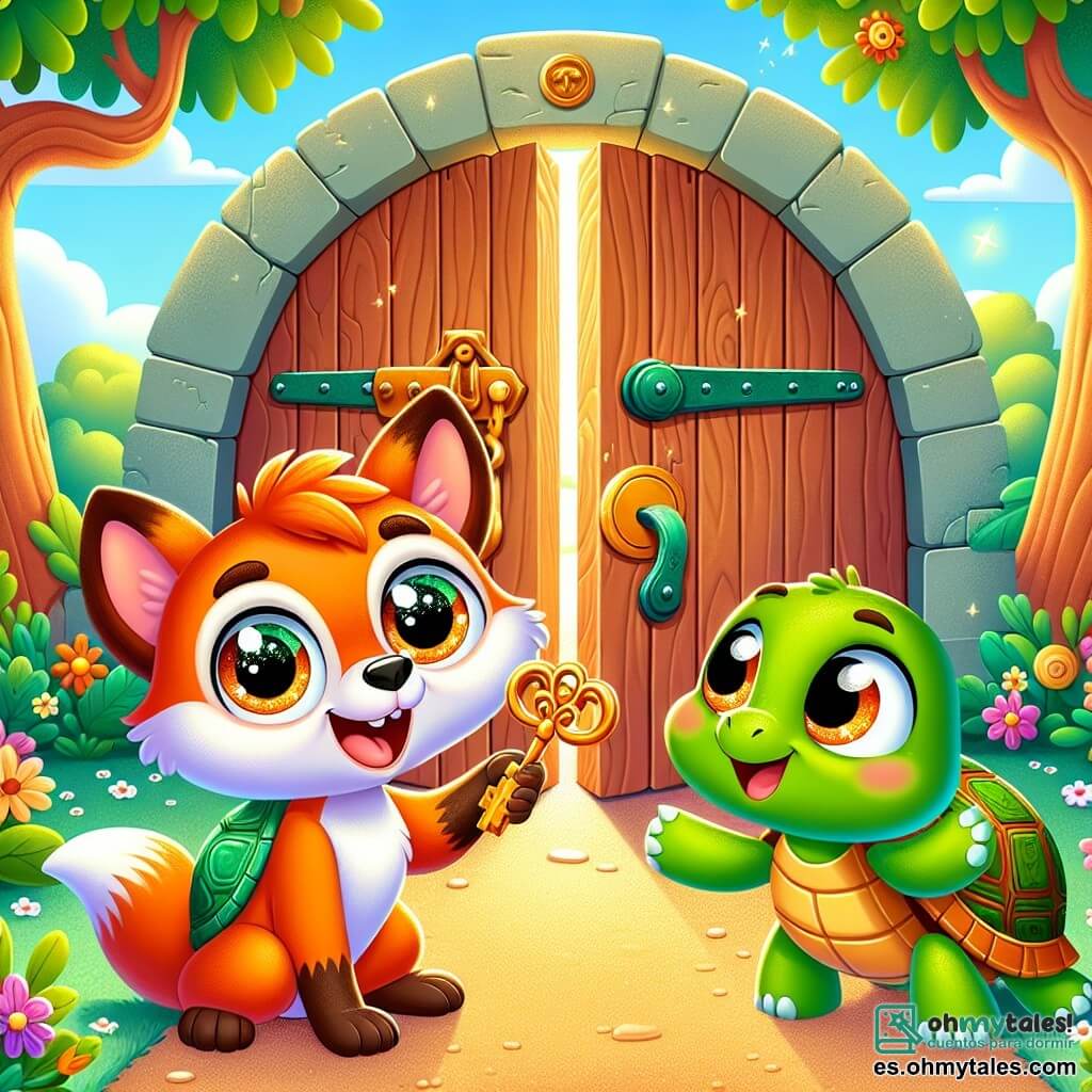 Zorrito, un pequeño zorro de pelaje naranja brillante y ojos chispeantes de curiosidad, está frente a una antigua puerta de madera, con una llave dorada en la pata y una gran sonrisa de emoción en su rostro. A su lado, Turtu, una tortuga de caparazón verde y brillante, con ojos redondos y traviesos, mira la puerta con asombro, con sus patas delanteras levantadas como si estuviera lista para aplaudir. El escenario es un parque soleado, lleno de árboles de hojas exuberantes y flores coloridas, con un camino de grava que lleva a la misteriosa puerta escondida detrás de un gran roble. La situación principal muestra a Zorrito y Turtu descubriendo la llave dorada que abre la puerta secreta, revelando un tesoro de juguetes brillantes en su interior, rodeados de un aura de misterio y aventura.