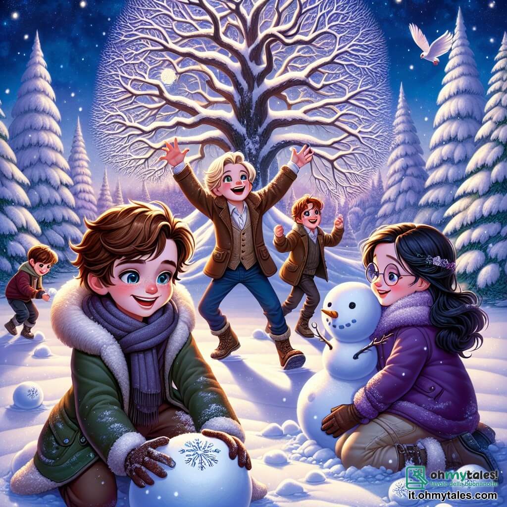 Quattro bambini si trovano sotto una grande quercia maestosa, coperta da un spesso manto di neve. Marco, un ragazzo dai capelli castani e dagli occhi scintillanti, sorride felicemente tenendo una palla di neve in mano. Accanto a lui, Giacomo, un ragazzo biondo con le guance rosa, guarda il cielo con meraviglia, le braccia aperte come se volesse afferrare i fiocchi. Elena, una ragazza dai lunghi capelli neri, vestita con un cappotto viola, si accovaccia per modellare un pupazzo di neve, concentrata e sorridente. Infine, Filippo, un ragazzo dai capelli castani e con gli occhiali, osserva attentamente un fiocco di neve sulla sua mano, affascinato dalla sua bellezza unica. Il luogo è un incantevole parco invernale, con alberi maestosi coperti di neve scintillante, fiocchi che cadono dolcemente dal cielo stellato, e un lago ghiacciato che riflette la luce della luna. I bambini esplorano cercando la magia dell'inverno e sperando di vedere la Fata delle Nevi, mentre la neve continua a cadere lentamente intorno a loro, creando un'atmosfera fiabesca e calorosa.