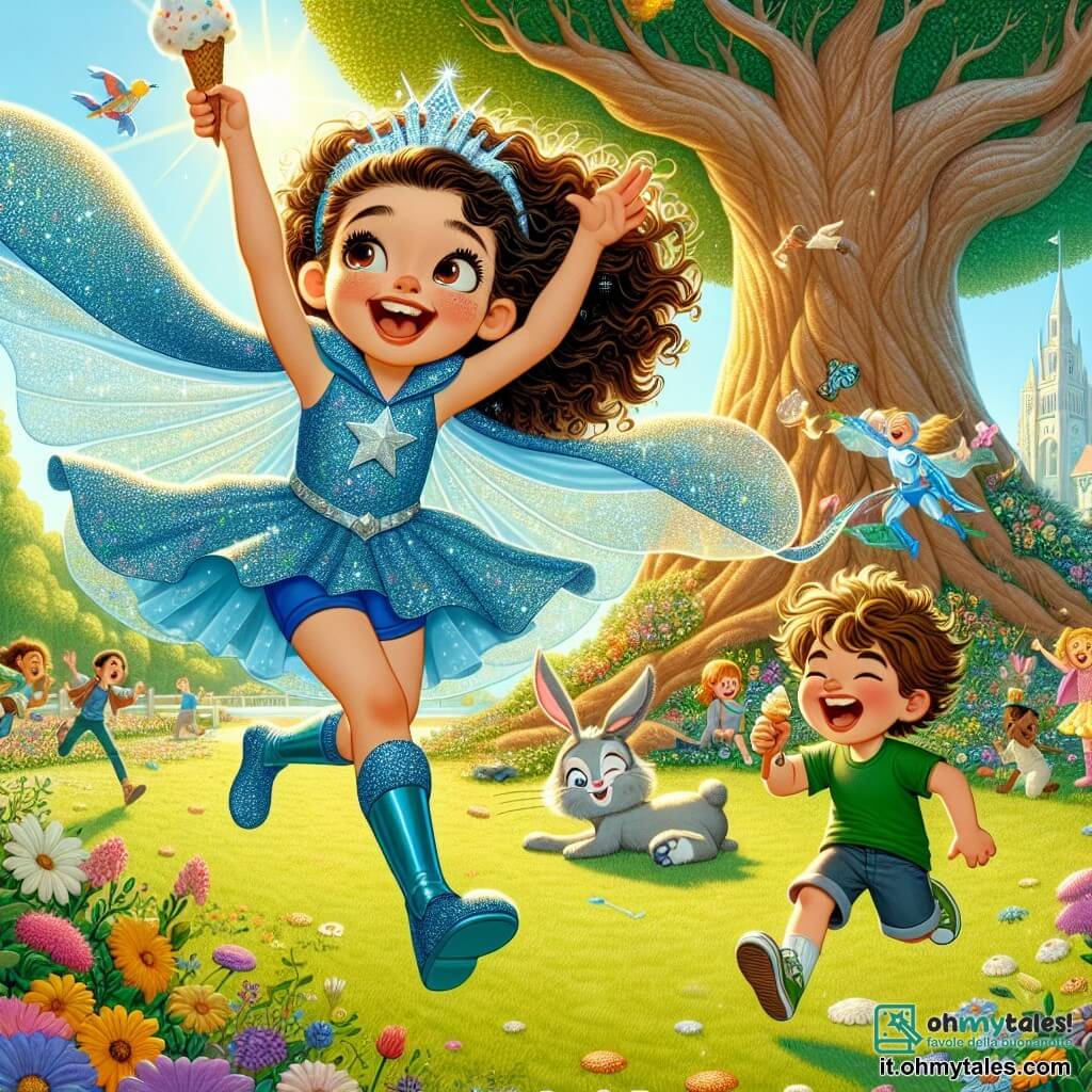 Una ragazza di 10 anni, Sofia, con i capelli castani e ricci, indossa un costume da supereroe blu scintillante con un mantello svolazzante. Sorride ampiamente, con gli occhi scintillanti di eccitazione, mentre salta gioiosamente in un giardino soleggiato. Accanto a lei, Marco, un ragazzo di 10 anni con i capelli biondi arruffati, indossa una maglietta verde e dei pantaloni corti, ridendo mentre tiene un cono gelato mangiato a metà. Si trovano vicino a un grande albero maestoso, circondati da fiori colorati e dalle risate di altri bambini in costumi vari. La scena rappresenta un momento di pura felicità, con Sofia e Marco che inseguono un coniglio magico che scappa, creando un'atmosfera gioiosa e ludica.