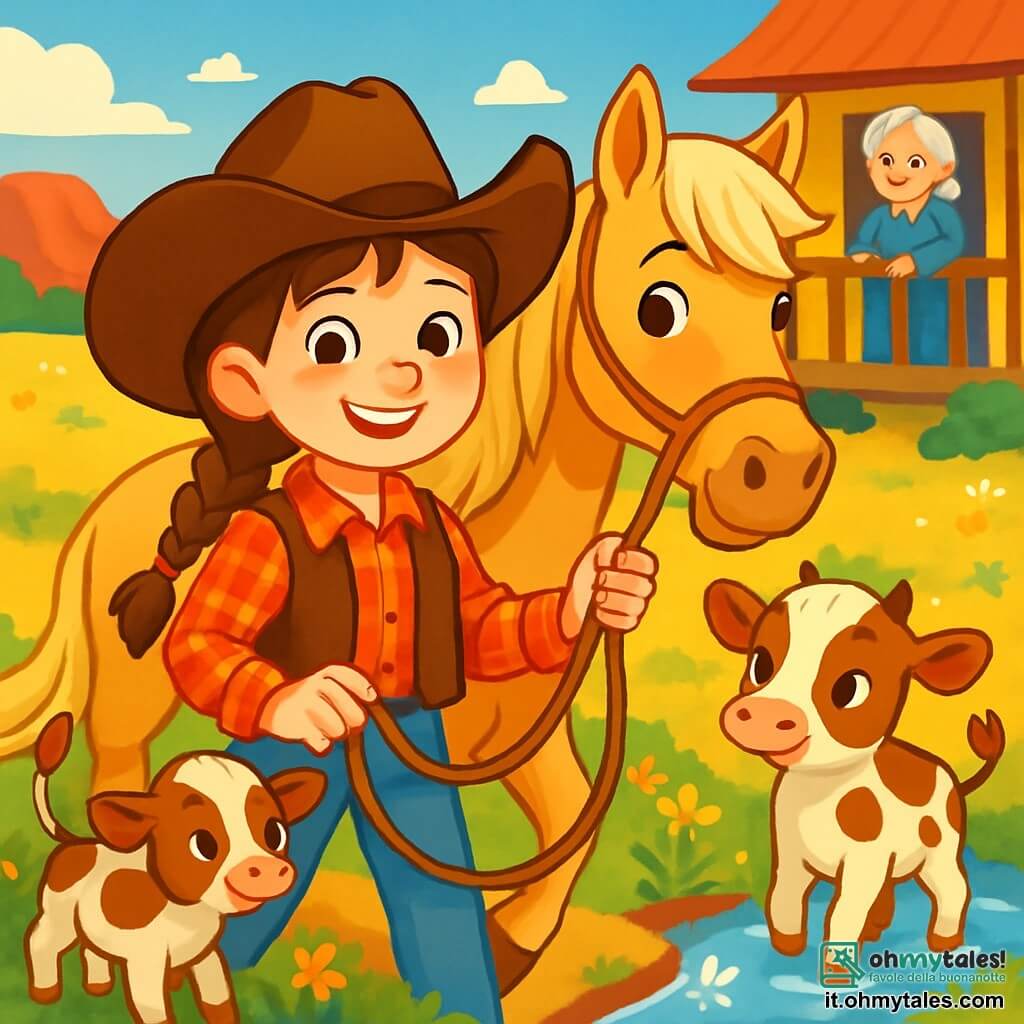 Una giovane cowgirl, Lila, di circa 10 anni, con lunghi capelli castani intrecciati e un grande cappello da cowboy, sorride con determinazione. Indossa una camicia a quadri rossa e un gilet di pelle, i suoi occhi brillano di eccitazione mentre tiene saldamente la corda del suo cavallo, Stella, una giumenta dal manto dorato e dagli occhi dolci. Accanto a lei, un vitellino carino, con un manto maculato di bianco e marrone, guarda Lila con curiosità, la sua piccola coda che scodinzola gioiosamente. Sullo sfondo, la nonna di Lila, una donna anziana con capelli grigi e un sorriso caloroso, si trova sulla veranda del ranch, osservando la scena con orgoglio. Il paesaggio è una vasta prateria dorata, punteggiata di fiori selvatici colorati, con colline rosse all'orizzonte e un cielo azzurro chiaro punteggiato di nuvole bianche. La scena principale mostra Lila e Stella che si preparano ad attraversare un piccolo ruscello scintillante, con i raggi di sole che illuminano l'acqua, mentre il vitellino le segue timidamente, creando un'atmosfera di avventura e amicizia.