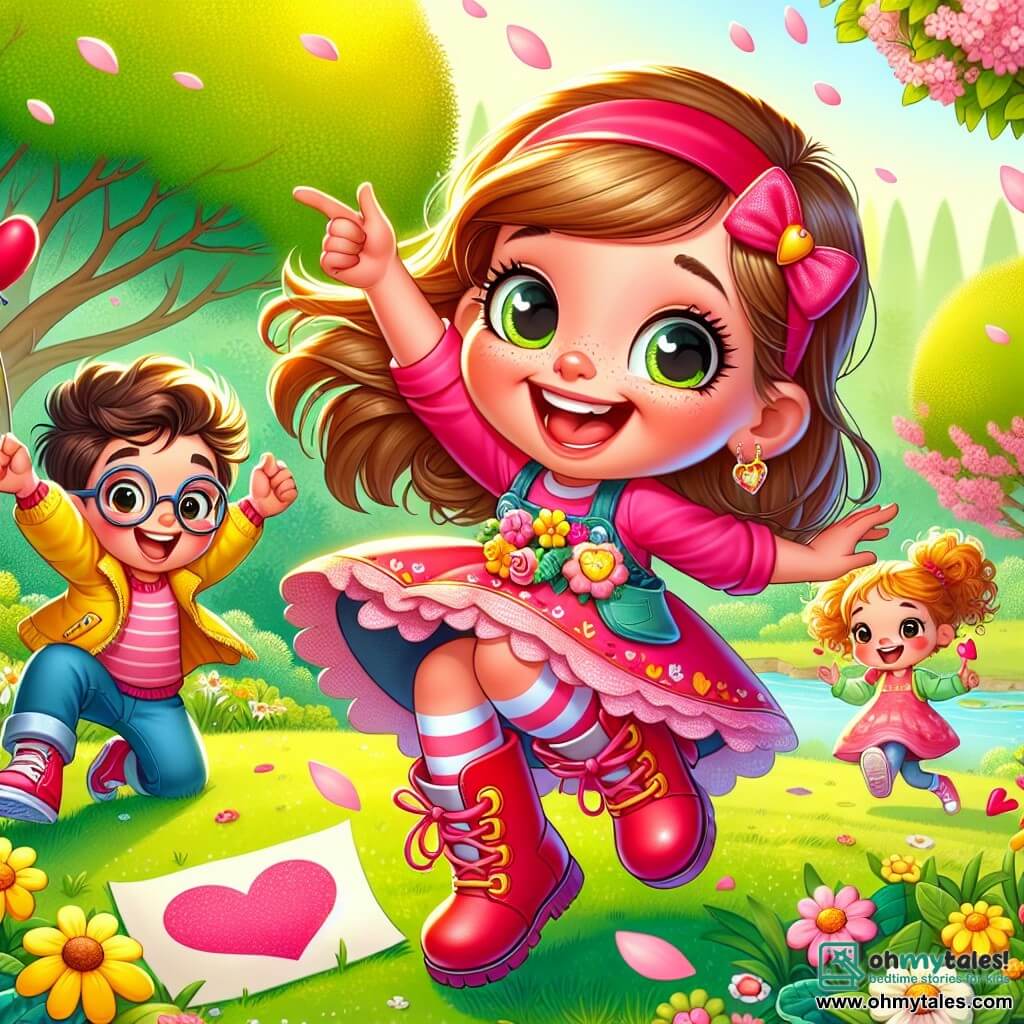 A 6-year-old girl with big bright eyes and a radiant smile wears a pink dress and large red boots. She is crouched in the green grass, holding a small pink envelope with a heart, her face beaming with excitement and curiosity. Next to her, her best friend Mia, also 6, with curly hair and a yellow jacket, jumps for joy while pointing at a heart drawn on the ground. Benji, a 6-year-old boy with glasses and a red balloon, stands slightly back, smiling enthusiastically. The setting is a sunny park filled with tall green trees, bright yellow flowers, and a small pond with ducks swimming. Cherry blossom petals gently fall around them, creating a magical atmosphere. The main scene shows Lily, full of joy, discovering a mysterious letter and deciding to lead a treasure hunt to find the intended recipient, surrounded by her encouraging friends.