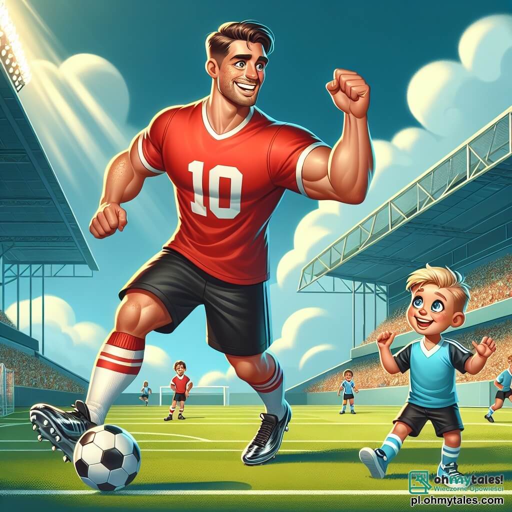 Michał, atletyczny mężczyzna w wieku około trzydziestu lat, drybluje piłkę nożną na zielonej murawie. Ma na sobie jaskrawoczerwoną koszulę z numerem 10, czarne spodenki i błyszczące buty sportowe. Jego twarz wyraża radość i koncentrację, z szerokim uśmiechem, który pokazuje jego pasję do gry. W pobliżu Kacper, ośmioletni chłopiec, z podziwem obserwuje. Ma na sobie mały niebieski strój piłkarski z numerem Michała, a jego oczy błyszczą z ekscytacji. Stoi na krawędzi boiska, z uniesionymi rękami w geście wsparcia, gotowy do kibicowania swojemu bohaterowi. Miejsce to wspaniały stadion na świeżym powietrzu, otoczony trybunami wypełnionymi entuzjastycznymi fanami. Niebo jest niebieskie z kilkoma białymi chmurami, a słońce świeci, oświetlając boisko. Główna sytuacja pokazuje Michała w akcji, wykonującego spektakularny drybling, podczas gdy Kacper entuzjastycznie go wspiera, symbolizując przyjaźń i pasję do piłki nożnej.