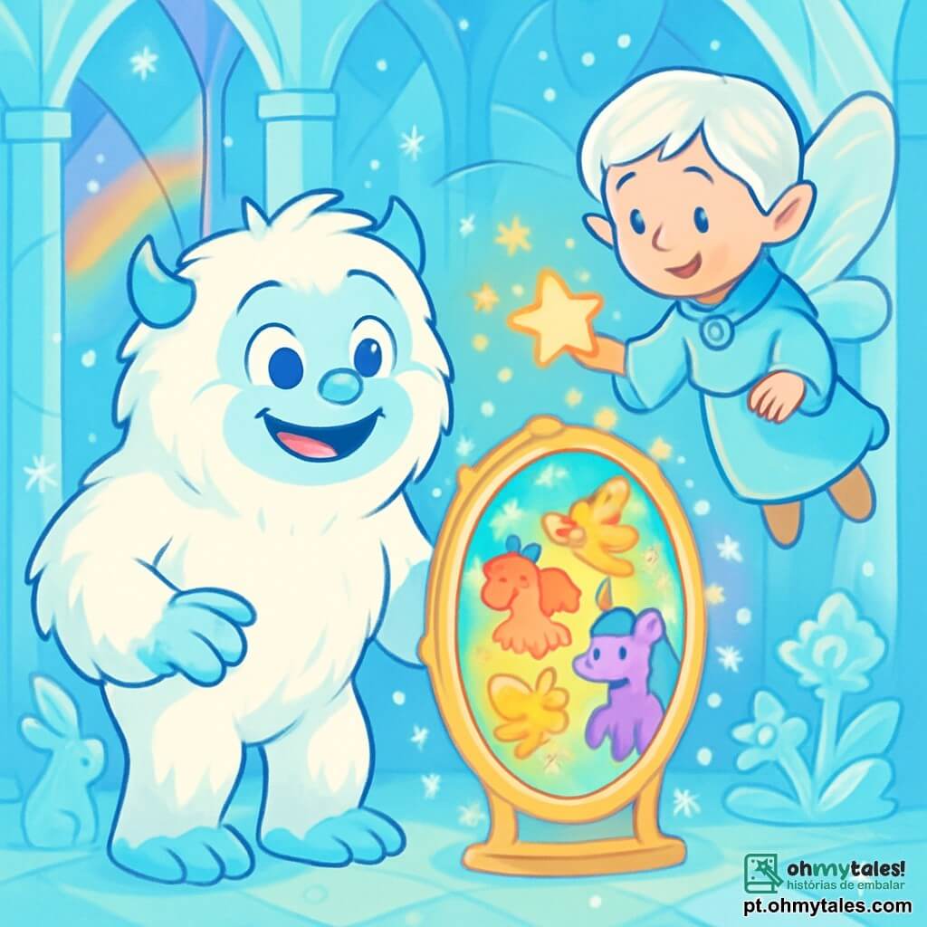 Um yeti chamado Yuki, com pelagem branca brilhante e olhos azuis claros cintilantes, está no centro da imagem, exibindo um sorriso caloroso e curioso. Ele estende a mão em direção a um espelho mágico, que brilha intensamente, revelando imagens coloridas de criaturas fantásticas. Ao seu lado, o Sonhador, uma criatura sábia com asas translúcidas e cabelos prateados, flutua levemente acima do chão. Ele tem um rosto suave e benevolente, e observa Yuki com um olhar encorajador, segurando uma estrela brilhante em sua mão. O cenário é um magnífico palácio de gelo, com paredes cintilantes que refletem a luz do sol, criando arco-íris de cores pastel. Esculturas de gelo em forma de flores e animais encantados decoram o chão, enquanto flocos de neve dançam no ar. A situação principal mostra Yuki e o Sonhador descobrindo o espelho mágico, simbolizando esperança e magia, prontos para enfrentar os desafios que os aguardam em sua busca para salvar o palácio de gelo.