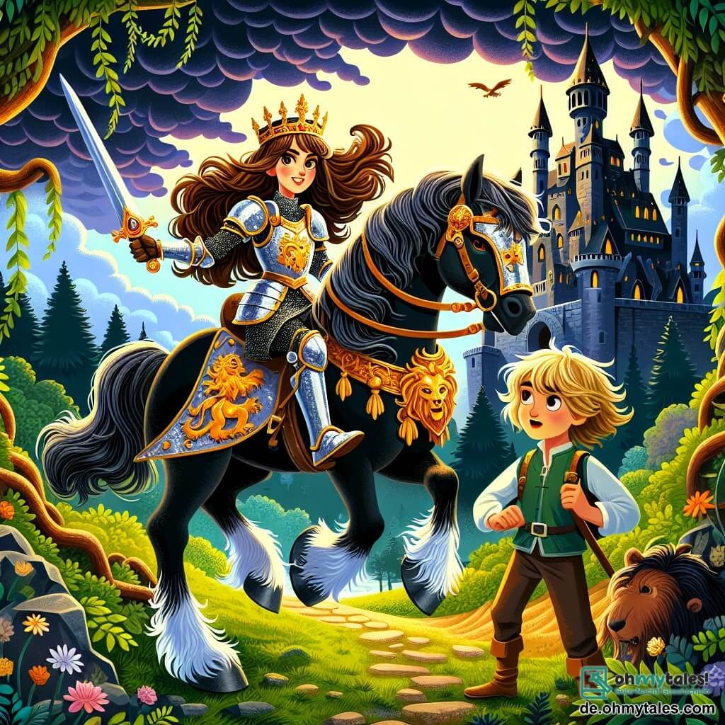 Eine mutige Ritterin, Elinor, steht stolz auf einem schwarzen Pferd namens Blitz. Sie trägt eine glänzende Rüstung mit einem goldenen Löwen, ihr Gesicht strahlt Entschlossenheit und Vertrauen aus. Ihre langen braunen Haare wehen im Wind, und sie schwingt ihr Schwert selbstbewusst, bereit, die Gerechtigkeit zu verteidigen. Neben ihr steht ein etwa 10-jähriger Junge namens Finn, der bewundernd zusieht. Er hat zerzauste blonde Haare und trägt einfache Kleidung. Er hält einen kleinen Stock, bereit, seiner neuen Freundin bei ihrer Mission zu helfen. Im Hintergrund ist die düstere Silhouette der Burg Drachenstein mit ihren hohen Steintürmen und bedrohlichen Wolken zu sehen. Lianen und Dornen umgeben den Eingang und verleihen der Szene ein mysteriöses Flair. Die Szene zeigt Elinor und Finn, die sich darauf vorbereiten, die Festung zu betreten, entschlossen, die Prinzessin zu retten. Die Stimmung ist sowohl angespannt als auch aufregend, mit goldenem Licht, das durch die Wolken bricht und Hoffnung und Mut symbolisiert.