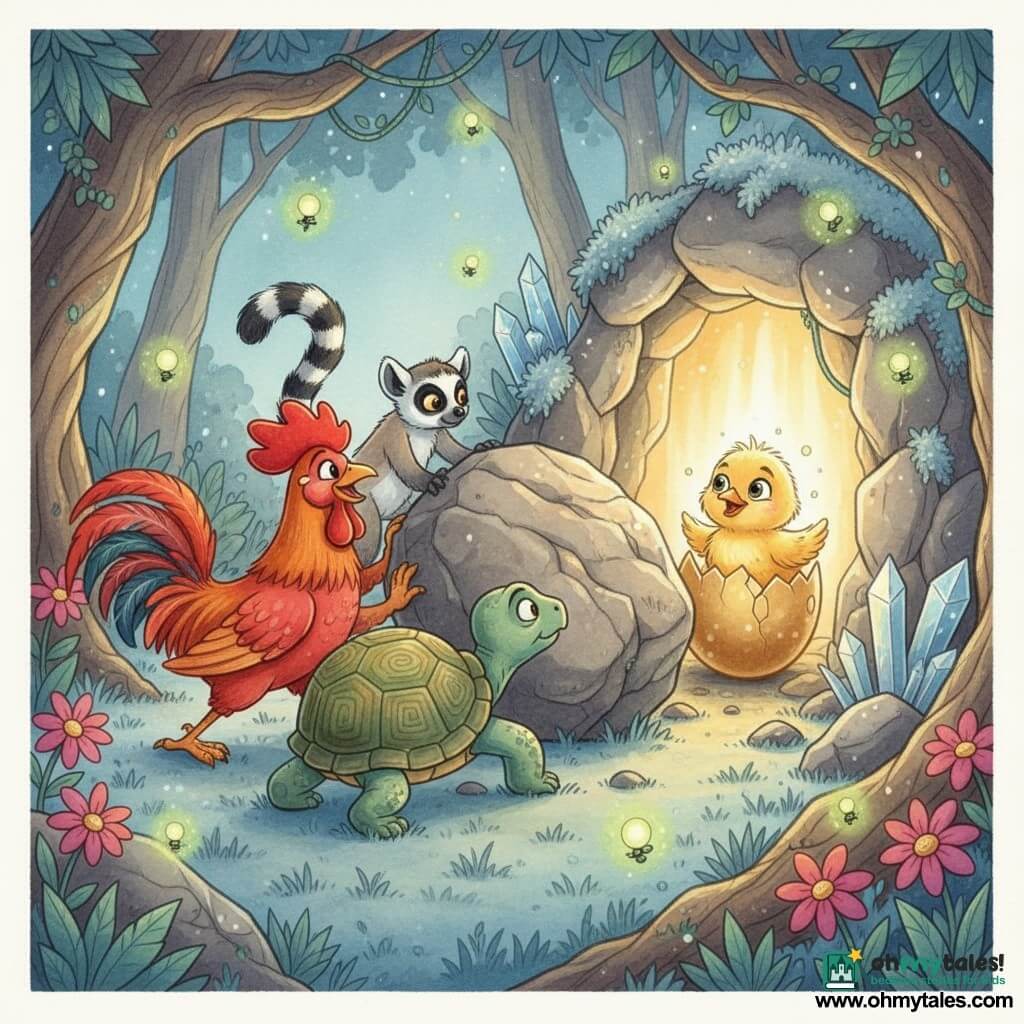A proud, curious rooster with bright red plumage and a shiny comb leans forward, pushing a large rock with its legs; beside it, a slow, wise tortoise with a green shell patterned in yellow pushes the rock with grounded feet; an agile lemur with grey fur and a black-and-white ringed tail pulls a vine tied to the rock from slightly behind; at the center, a damp golden chick with sparkling yellow down emerges from a cracked giant golden egg at the cave entrance, all bathed in warm golden light as the rock rolls slowly and the cave opens; glowing fireflies like tiny green and yellow stars circle above a nighttime jungle clearing with bluish grasses, magenta flowers, twisted trees, and a hidden cave framed by shimmering crystals and silver moss, creating an atmosphere of wonder and friendship.
