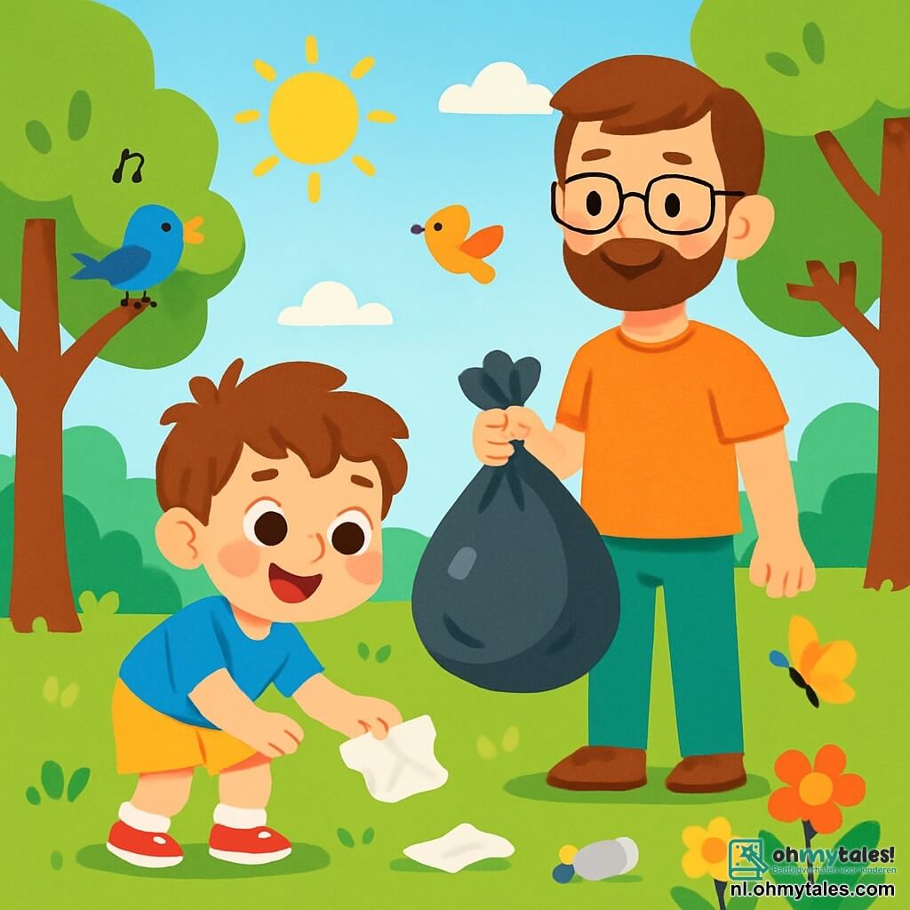 Een vierjarig jongetje genaamd Sam, met grote nieuwsgierige ogen en rommelig kastanjebruin haar, glimlacht vrolijk terwijl hij een stuk papier oppakt in een groen park. Hij draagt een felblauw T-shirt en een gele short, zijn wangen zijn roze van opwinding. Naast hem staat zijn papa, een man van ongeveer 30 jaar met een lichte baard en een bril, die trots glimlacht terwijl hij een vuilniszak vol afval vasthoudt. Ze bevinden zich midden in een prachtig natuurreservaat, omringd door majestueuze bomen, kleurrijke bloemen en een zachte zonnestraal die door de bladeren filtert. De scène toont Sam en zijn papa die de natuur aan het schoonmaken zijn, wat hun betrokkenheid bij het beschermen van het milieu illustreert, met zingende vogels in de bomen en vlinders die om hen heen fladderen.