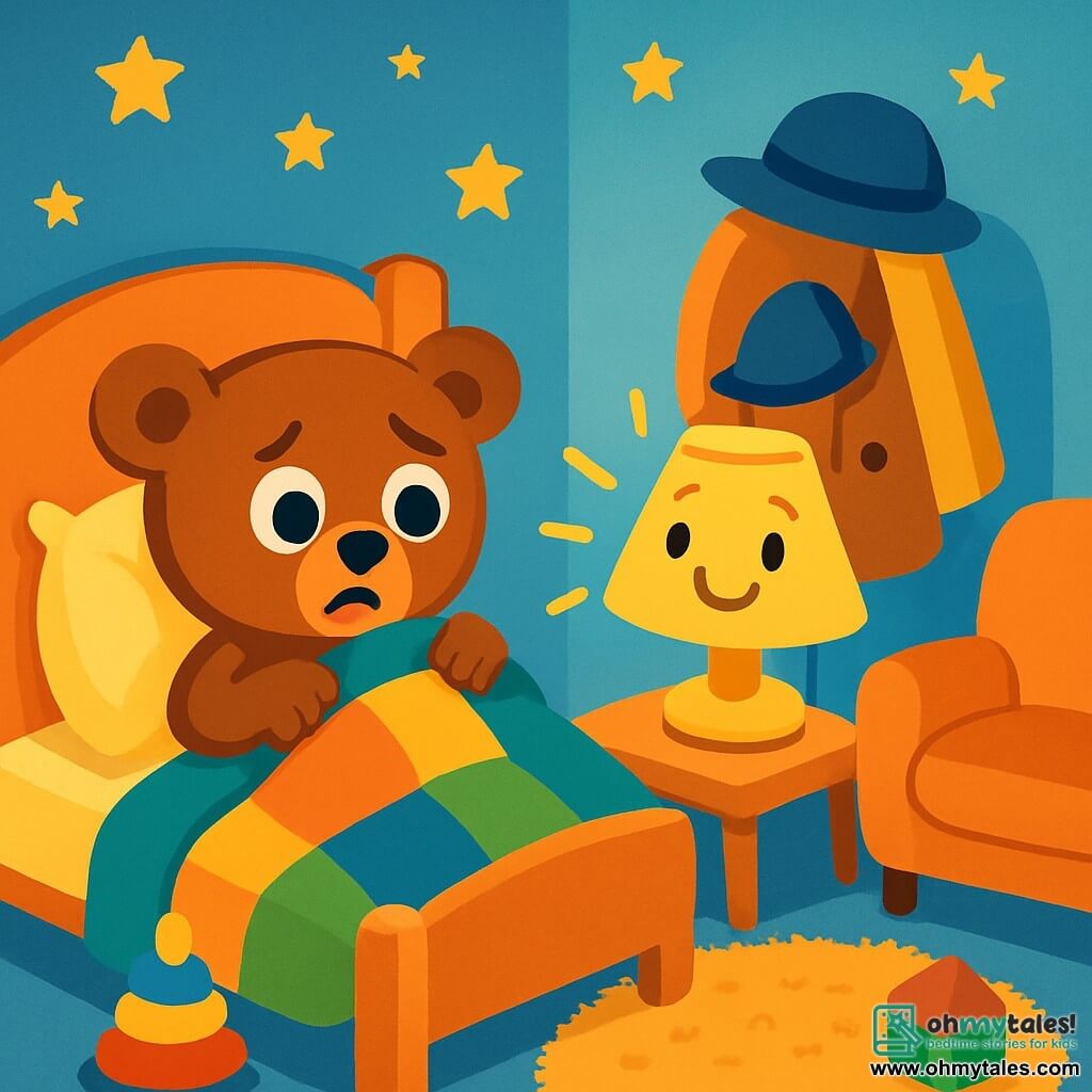 A small teddy bear, Teddy, is sitting on a cozy bed, his round, shiny eyes showing that he is worried and a bit scared. He is covered with a soft, colorful blanket, with a button nose and rounded ears. Next to him, a lamp shaped like a mother, with a smiling lampshade and rays of golden light, brightens the room. It has a warm and reassuring expression, as if telling Teddy that he has nothing to fear. The room is filled with colorful toys, with pastel blue walls and twinkling stars on the ceiling. A small fluffy rug is on the floor, and a comfortable armchair is near the bed. Teddy, holding his blanket, looks curiously towards a chair where his hat and coat are, thinking they might be a monster. The lamp's light gently illuminates the scene, creating a comforting and warm atmosphere.