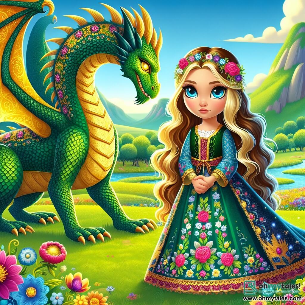 In the center of the image, Princess Liora, a brave 12-year-old girl, stands before a massive dragon with shimmering scales. She has long golden hair, sparkling determined eyes, and wears a colorful dress adorned with floral patterns. Her expression is resolute yet slightly fearful, showcasing her courage in the face of the unknown. Next to her, the dragon Zephyr, a majestic creature with emerald green scales and golden eyes, stands protectively. He is much larger than her, with wings spread wide, adding grandeur to the scene. In the background, the setting is the Valley of Friendship, an enchanting landscape filled with vibrant flowers and sparkling streams, with rolling green hills and a clear blue sky dotted with fluffy clouds. The main situation shows Liora, determined to prove her worth, facing the dragon, ready to defend her kingdom while seeking the Emerald of Loyalty. The palpable tension between the princess and the dragon creates an atmosphere of adventure and magic.