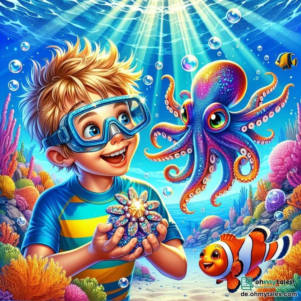 Ein 8-jähriger Junge mit zerzausten blonden Haaren und einer Taucherbrille auf der Stirn lächelt voller Staunen. Er trägt einen leuchtend blauen Badeanzug und ein gestreiftes gelbes T-Shirt. Er hält ein wunderschönes Muschelamulett, das im Wasser funkelt. Neben ihm zeigt ein Professor Tintenfisch, ein großer, farbenfroher Oktopus mit einer kleinen runden Brille, freundlich auf eine Unterwasser-Richtung und führt den Jungen ins Abenteuer. Ein kleiner Clownfisch namens Fritzi mit orange-weißen Streifen schwimmt fröhlich um sie herum und macht Blasen. Die Szenerie spielt in einem wunderschönen Korallenriff, das mit bunten Korallen, tropischen Fischen und Lichtstrahlen gefüllt ist, die durch das Wasser filtern und eine magische Atmosphäre schaffen. Die Hauptsituation zeigt den Jungen, Professor Tintenfisch und Fritzi, die gemeinsam die Unterwasserwelt erkunden und versteckte Schätze entdecken, umgeben von der strahlenden Schönheit des Meereslebens.