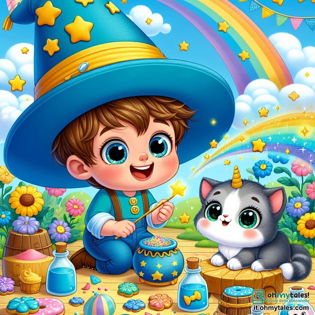 Un bambino di 5 anni, Timmy, con un grande sorriso e occhi scintillanti di curiosità, indossa un enorme cappello blu con stelle dorate che sembra quasi troppo grande per lui. Sta raccogliendo ingredienti colorati per la sua pozione magica, con barili di polvere scintillante e bottiglie di latte di unicorno intorno a lui. Accanto a lui, Micio, un adorabile gattino dai peli grigi e occhi verdi brillanti, guarda Timmy con aria divertita, pronto ad aiutarlo nelle sue avventure. È seduto su un piccolo tavolo di legno, circondato da biscotti a forma di pesce, in attesa che la festa cominci. La scena si svolge in un giardino incantato, pieno di fiori multicolori, girandole che girano e palloncini fluttuanti, sotto un cielo blu punteggiato di nuvole soffici. Timmy, tutto eccitato, cerca di lanciare la sua incantesimo per far volare i gatti, ma invece si ritrova a rimbalzare felicemente nell'aria, provocando scoppi di risate in Micio e negli altri gatti che lo osservano con occhi sbalorditi.