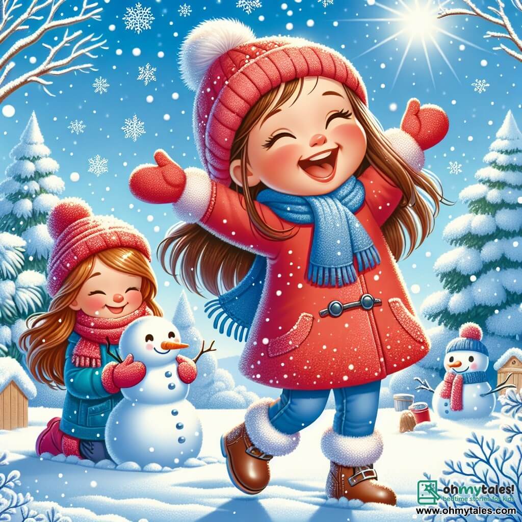 A 5-year-old girl named Lily, with long brown hair and rosy cheeks, is joyfully laughing in a snowy landscape. She is wearing a bright red coat, wool gloves, and shiny boots, raising her arms to the sky, amazed by the falling snowflakes. Next to her, her mother, a woman in her thirties with brown hair and a warm smile, is building a snowman. She is wearing a blue coat and a wool hat, looking at her daughter tenderly while holding a carrot for the snowman's nose. The setting is a magical winter garden, with trees covered in sparkling snow, bushes adorned with snowflakes, and a clear blue sky dotted with fluffy white clouds. The ground is covered in a thick layer of snow, creating a bright and enchanting landscape. The main scene shows Lily and her mother building a snowman, surrounded by dancing snowflakes, sharing laughter and moments of joy, capturing the cheerful spirit of winter.