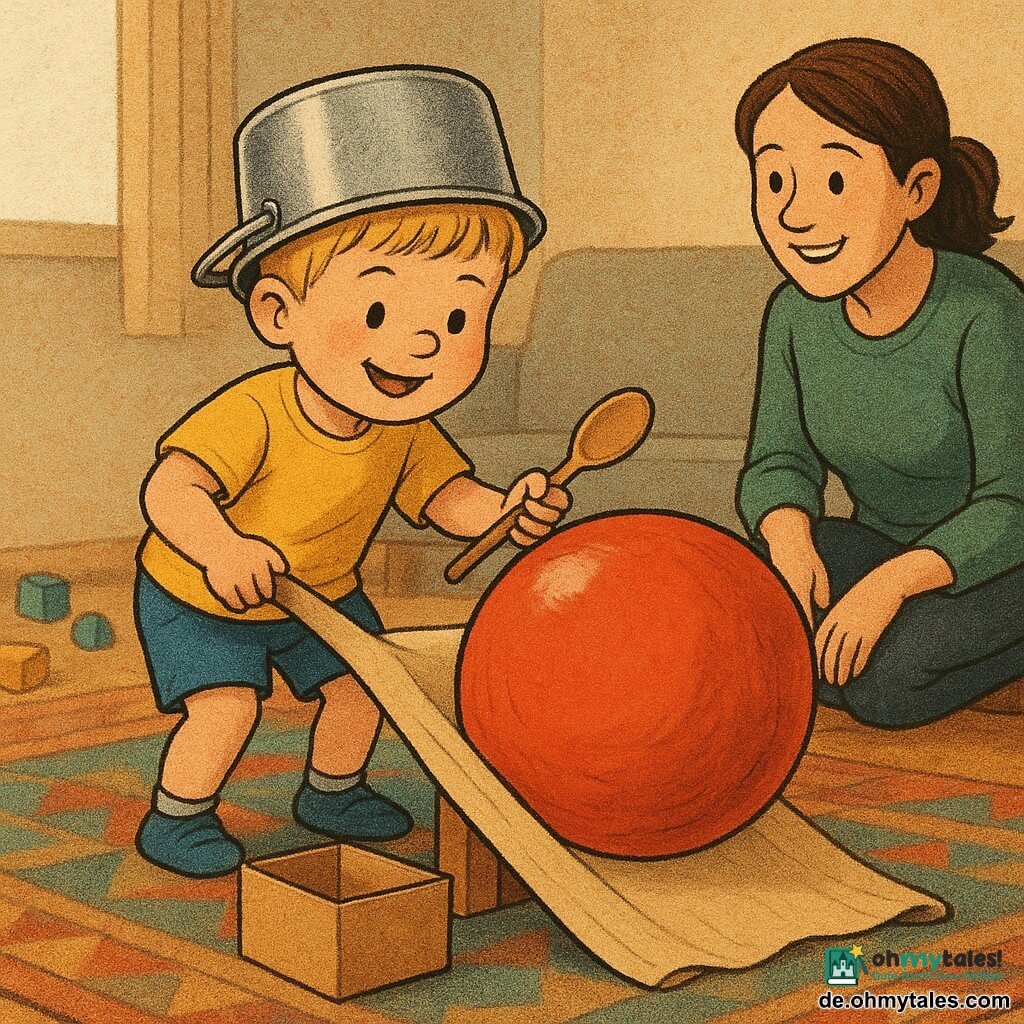 Ein 4-jähriger Junge, begeistert und konzentriert, rundes Gesicht, rosige Wangen, kurzblondes Haar, trägt gelbes T‑Shirt und blaue Shorts, nutzt einen kleinen Metalltopf als Helm und einen Holzlöffel als Zauberstab, lehnt sich über einen großen, glänzenden, kräftig roten Ball, den er sanft an eine mit einer zusammengerollten Decke gebildete Rampe schiebt; eine etwa 30-jährige, lächelnde, aufmerksame Mutter mit zusammengebundenem braunem Haar und grünem Pullover hockt rechts neben einer hellbraunen Pappkiste auf einem bunten, geometrischen Teppich und schaut zu. Der Ball steckt halb unter einem hellen Holztisch; Wohnzimmer warm eingerichtet mit dickem Teppich, Couchtisch, verstreuten Spielzeugen und weichem Licht von links. Szene: entschlossener, fröhlicher Junge beim Schieben des Balls, ermutigende Mutter daneben, Moment kurz vor Erfolg. Grafikstil: weiche Linien, warme gesättigte Farben, leicht körnige Zeitungspapiertextur.