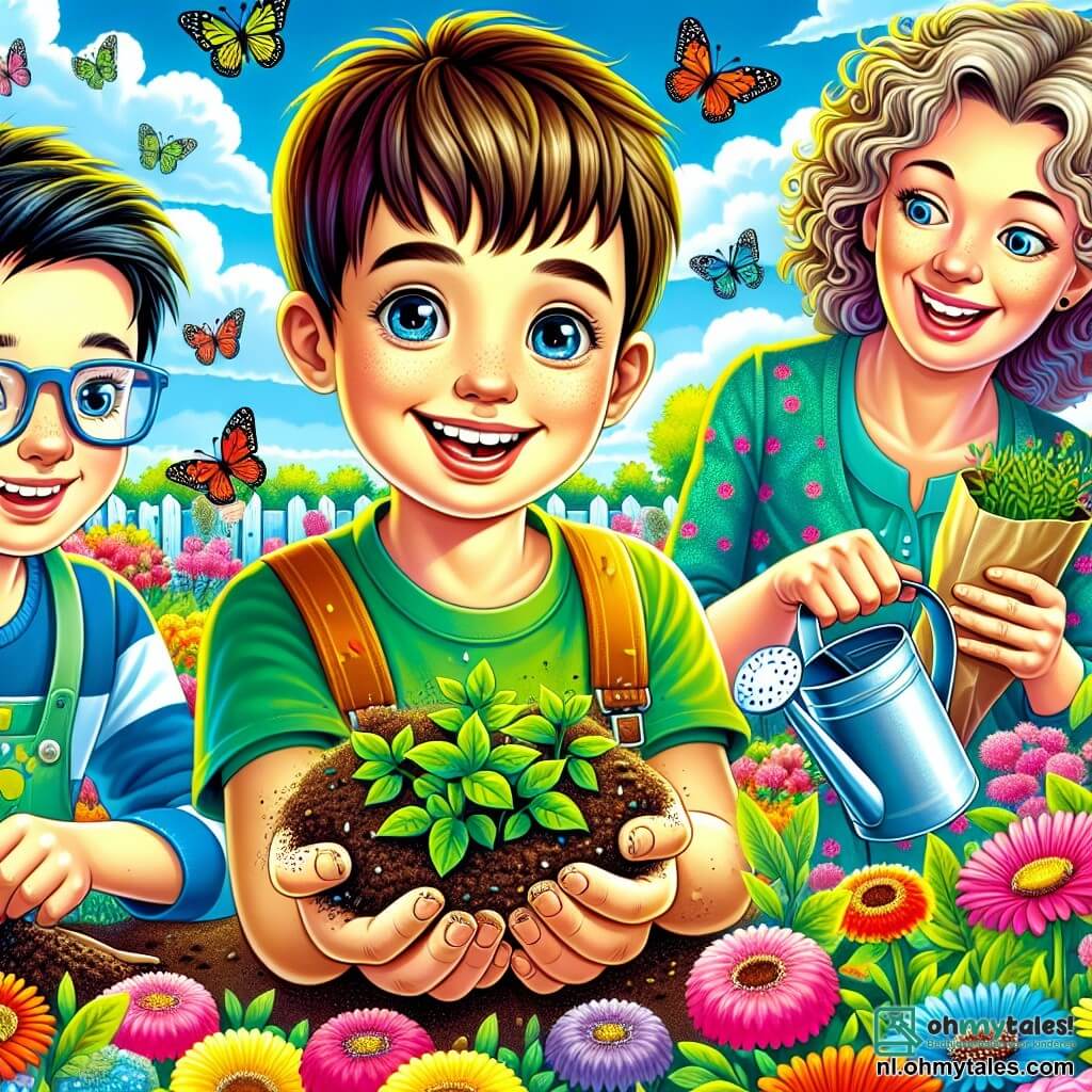 Een 10-jarig jongen, Milan, met kastanjebruin haar en sprankelende ogen, staat in het midden van een bloeiende tuin met een grote glimlach op zijn gezicht, zijn handen vol aarde terwijl hij zaden in de grond plant. Naast hem kijkt zijn vriend Tim, ook een 10-jarige jongen met een bril en blond haar, enthousiast toe met een zakje zaden in zijn hand, klaar om ze te zaaien. Op de achtergrond is hun lerares, mevrouw Jansen, een vrouw van rond de dertig met krullend haar en een warme glimlach, die hen aanmoedigt terwijl ze een gieter vasthoudt. De tuin is levendig van kleuren, vol met kleurrijke bloemen, fladderende vlinders en een stralende blauwe lucht, wat een vrolijke en lenteachtige sfeer creëert. De scène toont Milan en Tim die enthousiast samenwerken om een mooie tuin te creëren die vlinders en bijen zal aantrekken.