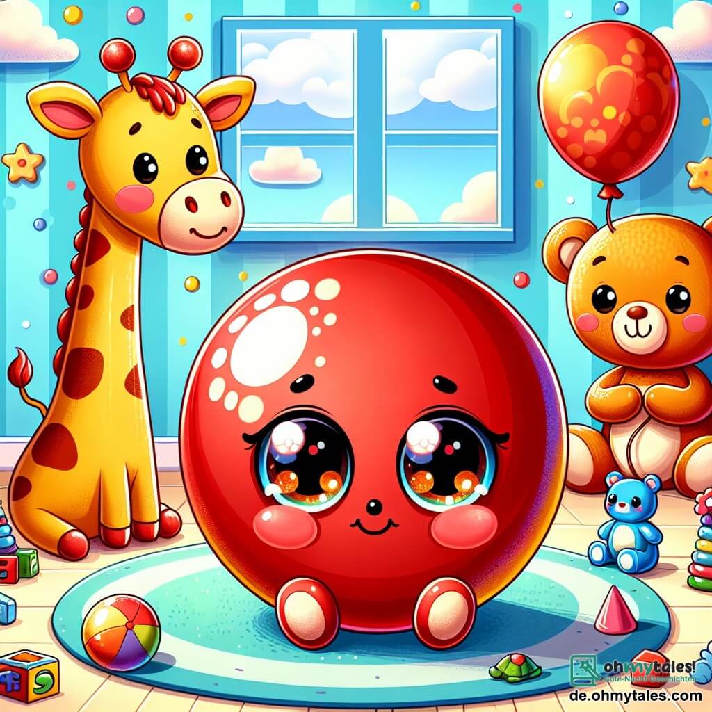 Ein kleiner roter Ball, rund und weich, mit glänzenden Augen und einem traurigen Gesichtsausdruck, steht im Mittelpunkt einer fröhlichen Szene. Er rollt sanft über einen bunten Teppich, umgeben von Spielzeugen, während eine Träne auf seiner Oberfläche funkelt. Links von ihm beugt sich eine große gelbe Giraffe mit braunen Flecken, die sanft lächelt, zu ihm hinunter, ihre großen Augen voller Mitgefühl. Rechts von ihm hält ein blauer Plüschbär mit einem tröstlichen Lächeln eine kleine bunte Blume in seinen Pfoten, bereit, sie dem Ball zu schenken, um ihn zu trösten. Der Ort ist ein charmantes Kinderzimmer, gefüllt mit lebhaften Farben und verstreuten Spielzeugen, mit himmelblauen Wänden und schwebenden weißen Wolken. Im Hintergrund lässt ein Fenster Sonnenlicht herein, das die Szene in sanfte Wärme taucht. Die Hauptsituation zeigt den roten Ball, umgeben von seinen Freunden, die sich an ihre Freundin die grüne Schildkröte erinnern, mit melancholischen Lächeln und Lachen, während sie gemeinsam die glücklichen Erinnerungen feiern und der Traurigkeit ihres Abschieds ins Auge sehen.