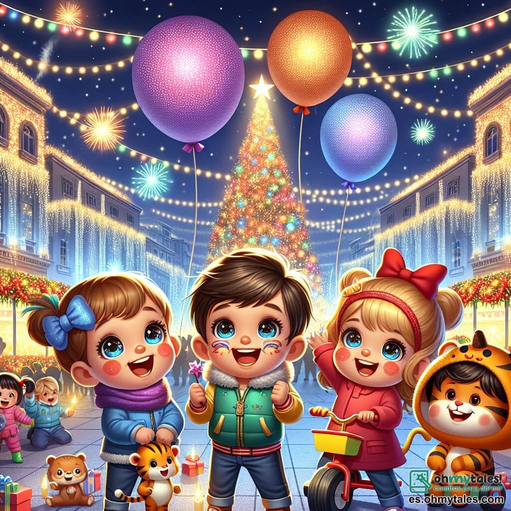 En una gran plaza iluminada por miles de luces de colores, cuatro niños están juntos, llenos de emoción. Miguel, un niño de tres años y medio con cabello castaño y ojos brillantes, sostiene un gran globo en forma de elefante. A su lado, Ana, una niña de tres años con un bonito lazo rojo en su cabello rubio, canta alegremente levantando los brazos. Tomás, un niño de tres años con gafas y cabello negro, se pinta la cara de tigre, con una gran sonrisa. Finalmente, Clara, una niña de tres años con cabello castaño y un triciclo rojo, pedalea a su alrededor, riendo a carcajadas. La escena tiene lugar en una plaza animada, rodeada de grandes edificios decorados con guirnaldas brillantes y un inmenso árbol de Navidad en el centro, cubierto de bolas de colores y luces parpadeantes. Fuegos artificiales iluminan el cielo estrellado, creando una atmósfera festiva y mágica. Los niños se preparan para celebrar el Año Nuevo, contando los segundos antes de las doce campanadas, listos para hacer un deseo juntos bajo los fuegos artificiales.