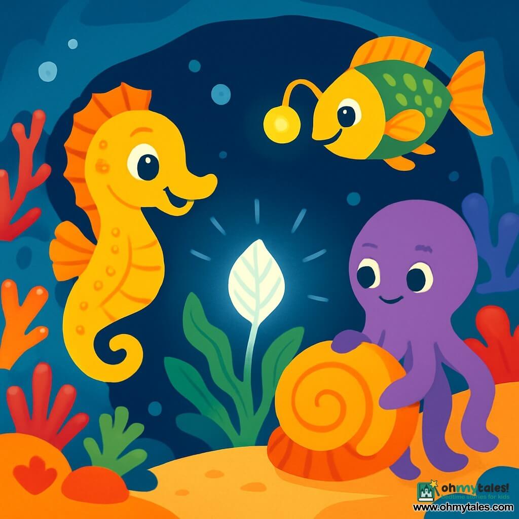 A small yellow seahorse named Bubbles, with sparkling eyes and a joyful smile, swims enthusiastically in a crystal-clear sea. Her delicate body is adorned with fine patterns, and her curled tail shows her excitement. Next to her, an octopus named Inky, with colorful arms and a friendly face, uses his tentacles to push a large shell, displaying a determined expression. Nearby, a glowing fish named Glimmer, with golden and green scales, lights the way with its soft glow, smiling kindly. The setting is a beautiful coral cave filled with vibrant corals in bright red, orange, and purple, with air bubbles floating around. The main scene shows Bubbles discovering the Sparkling Leaf hidden among the seaweed, illuminating the water with a silvery glow, while her friends cheer her on in amazement.